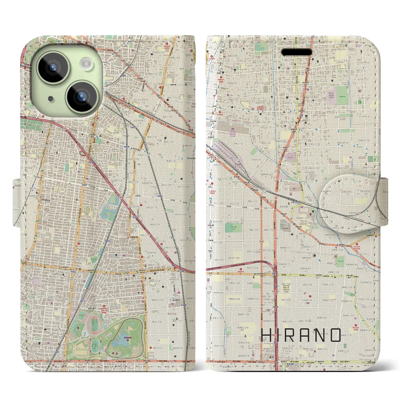 【平野】地図柄iPhoneケース（手帳両面タイプ・ナチュラル）iPhone 15 用