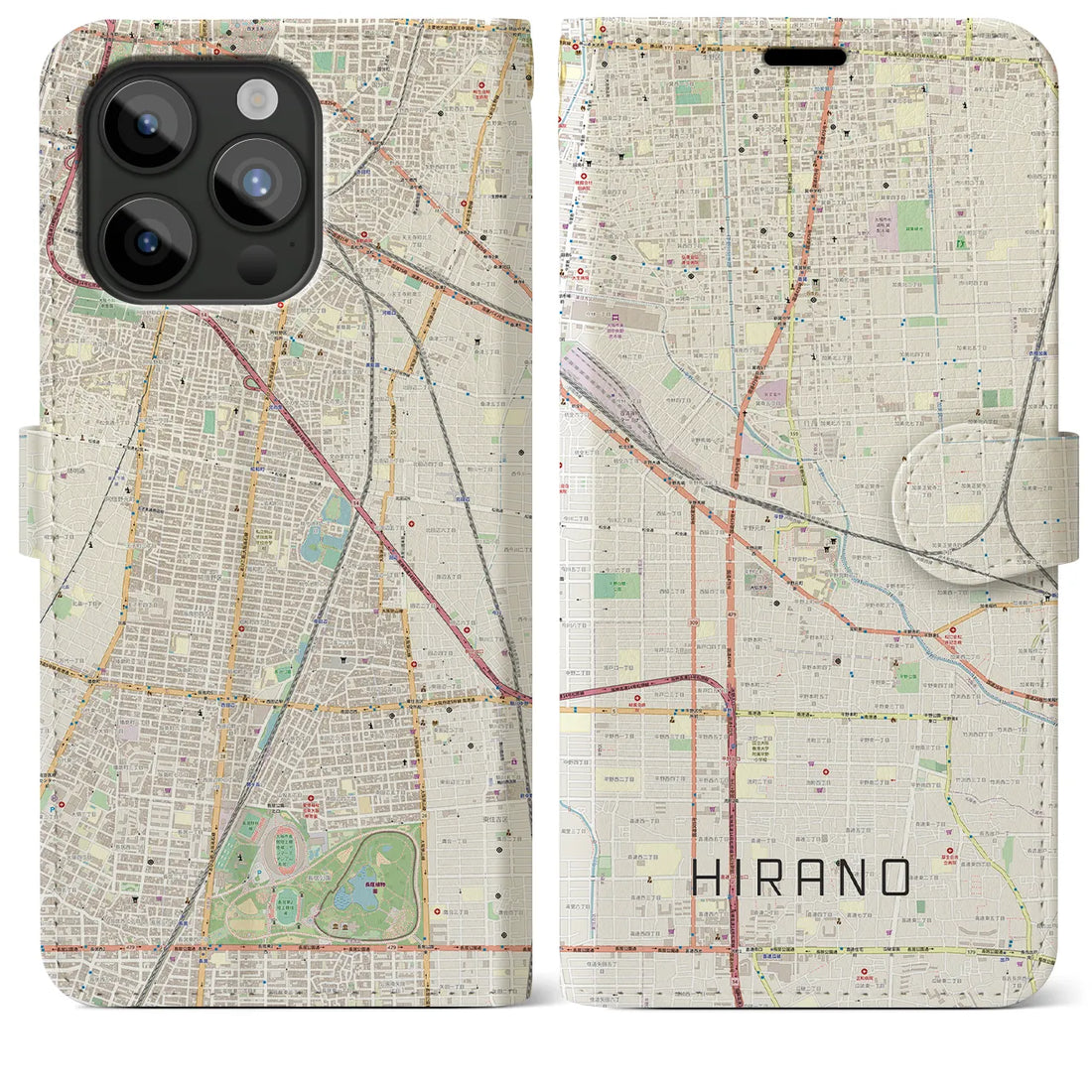【平野】地図柄iPhoneケース（手帳両面タイプ・ナチュラル）iPhone 15 Pro Max 用