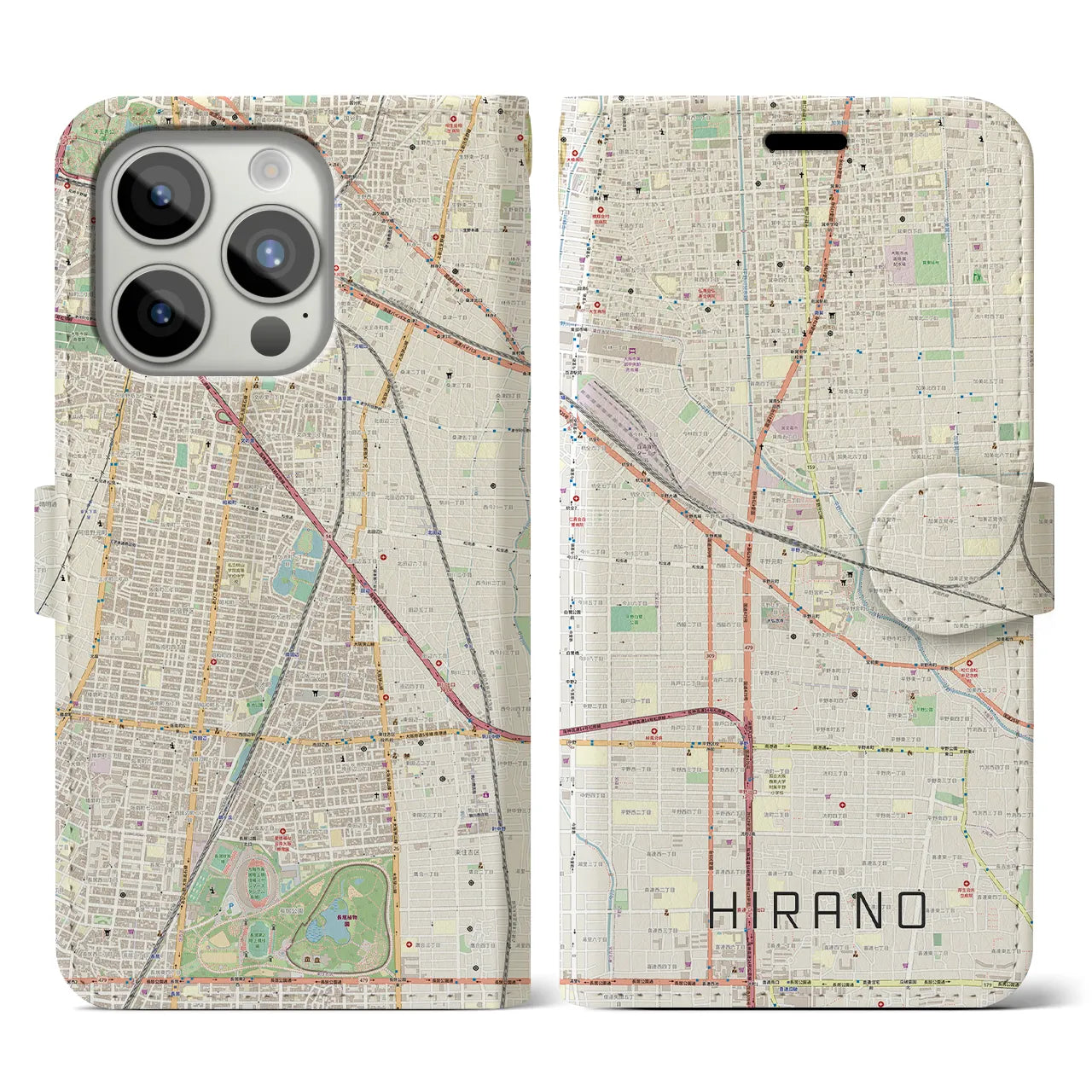【平野】地図柄iPhoneケース（手帳両面タイプ・ナチュラル）iPhone 15 Pro 用