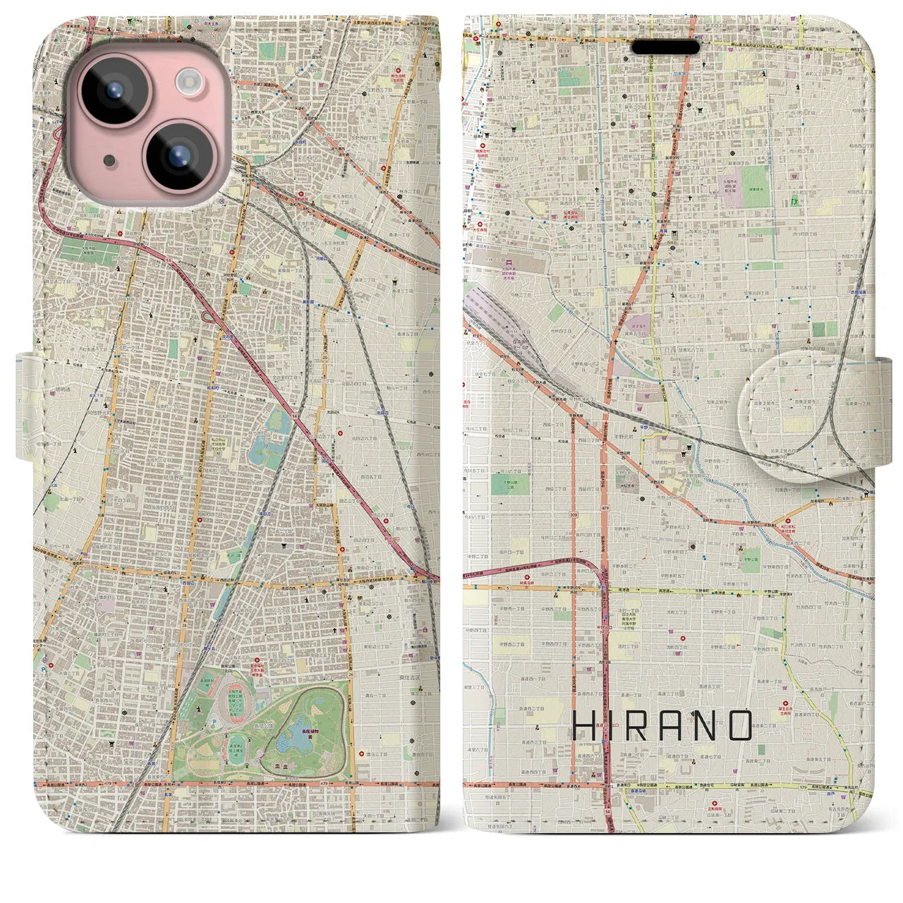 【平野】地図柄iPhoneケース（手帳両面タイプ・ナチュラル）iPhone 15 Plus 用