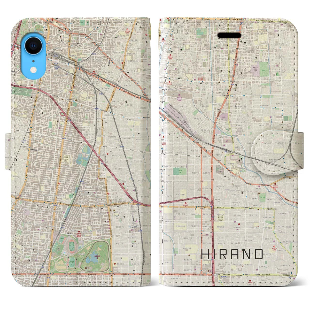 【平野】地図柄iPhoneケース（手帳両面タイプ・ナチュラル）iPhone XR 用