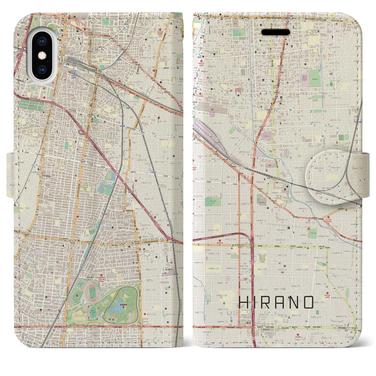 【平野】地図柄iPhoneケース（手帳両面タイプ・ナチュラル）iPhone XS Max 用