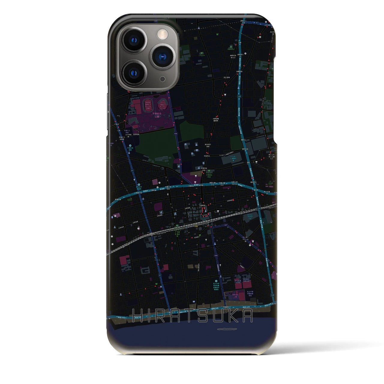 【平塚】地図柄iPhoneケース（バックカバータイプ・ブラック）iPhone 11 Pro Max 用