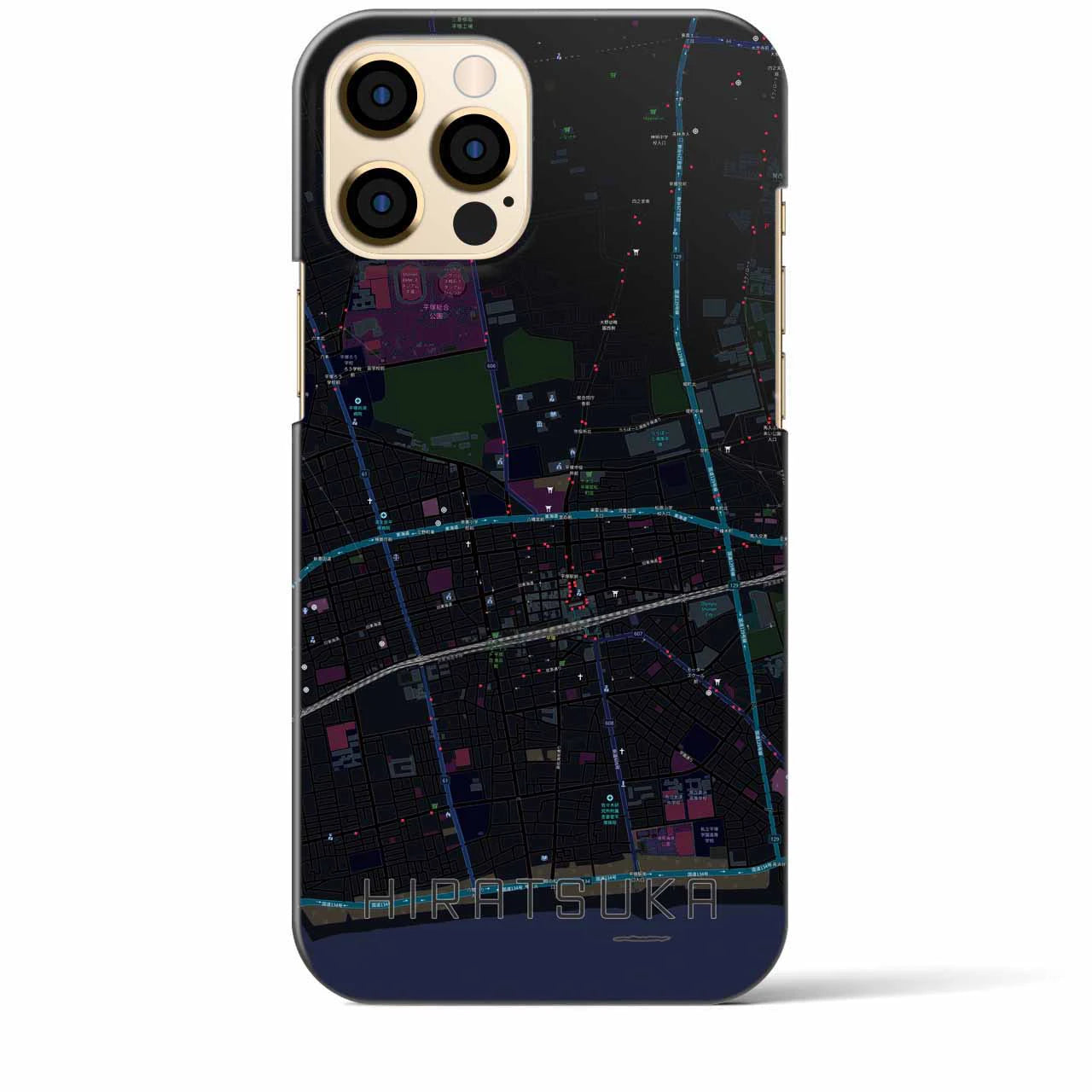 【平塚】地図柄iPhoneケース（バックカバータイプ・ブラック）iPhone 12 Pro Max 用