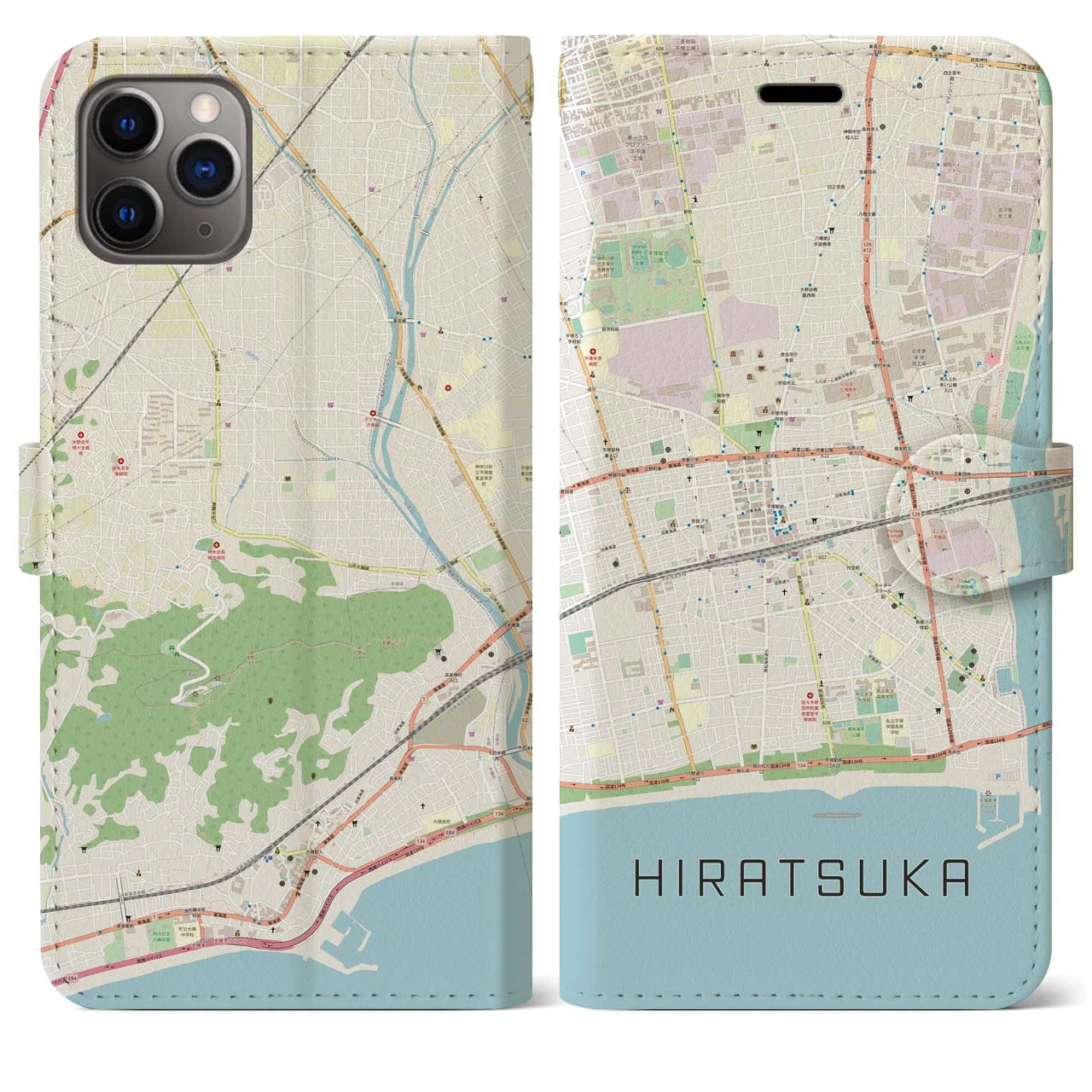 【平塚】地図柄iPhoneケース（手帳両面タイプ・ナチュラル）iPhone 11 Pro Max 用