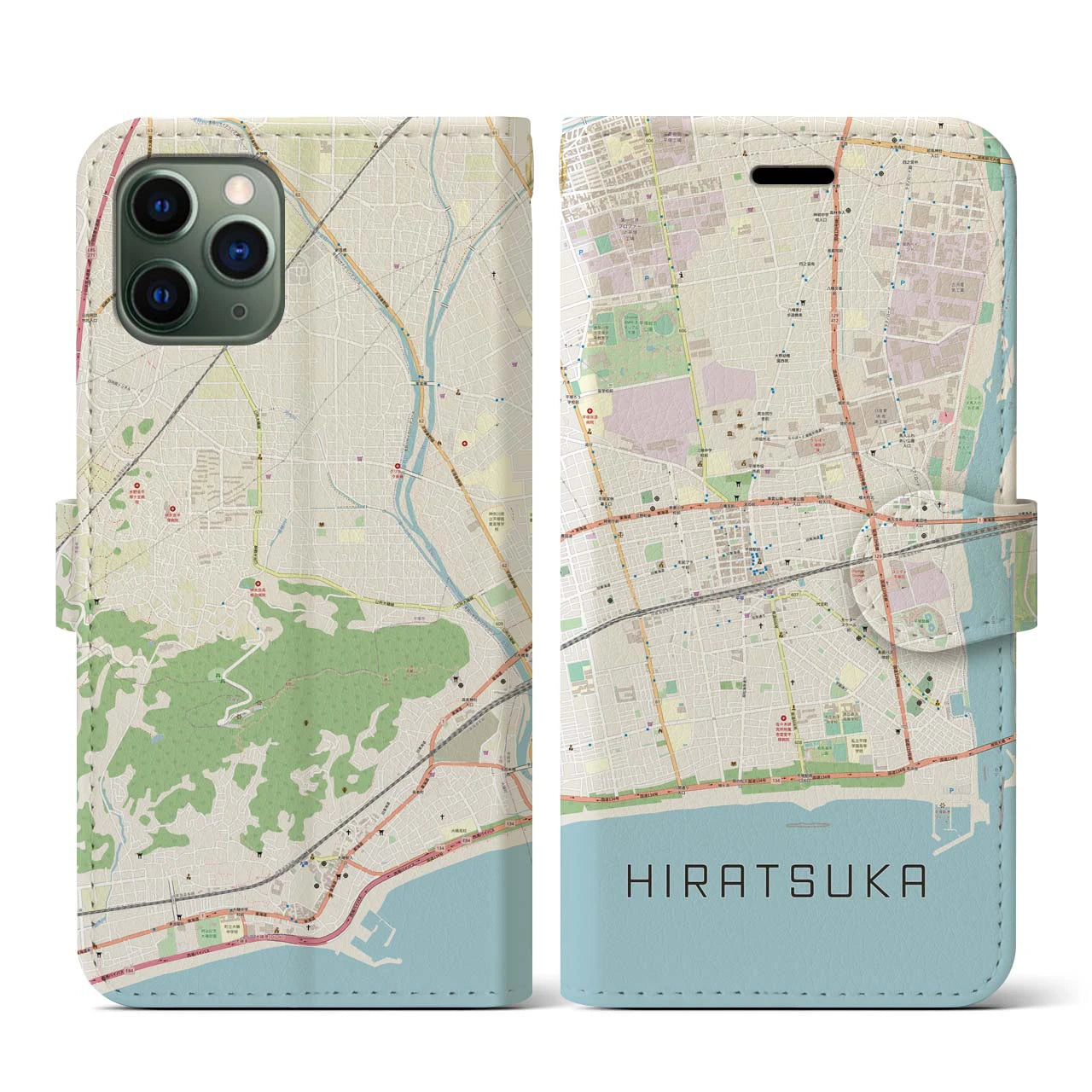【平塚】地図柄iPhoneケース（手帳両面タイプ・ナチュラル）iPhone 11 Pro 用
