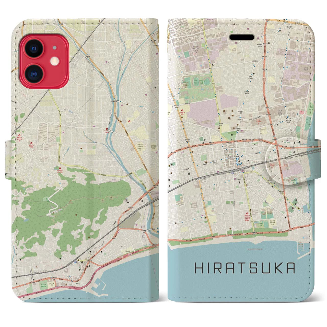 【平塚】地図柄iPhoneケース（手帳両面タイプ・ナチュラル）iPhone 11 用