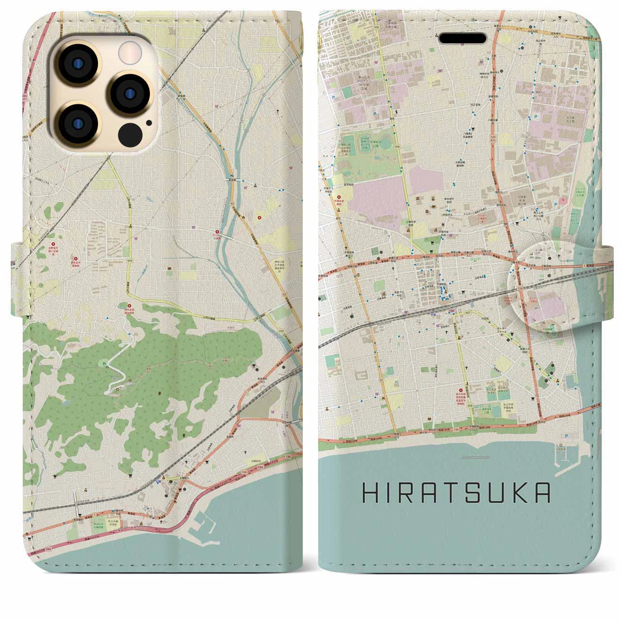 【平塚】地図柄iPhoneケース（手帳両面タイプ・ナチュラル）iPhone 12 Pro Max 用