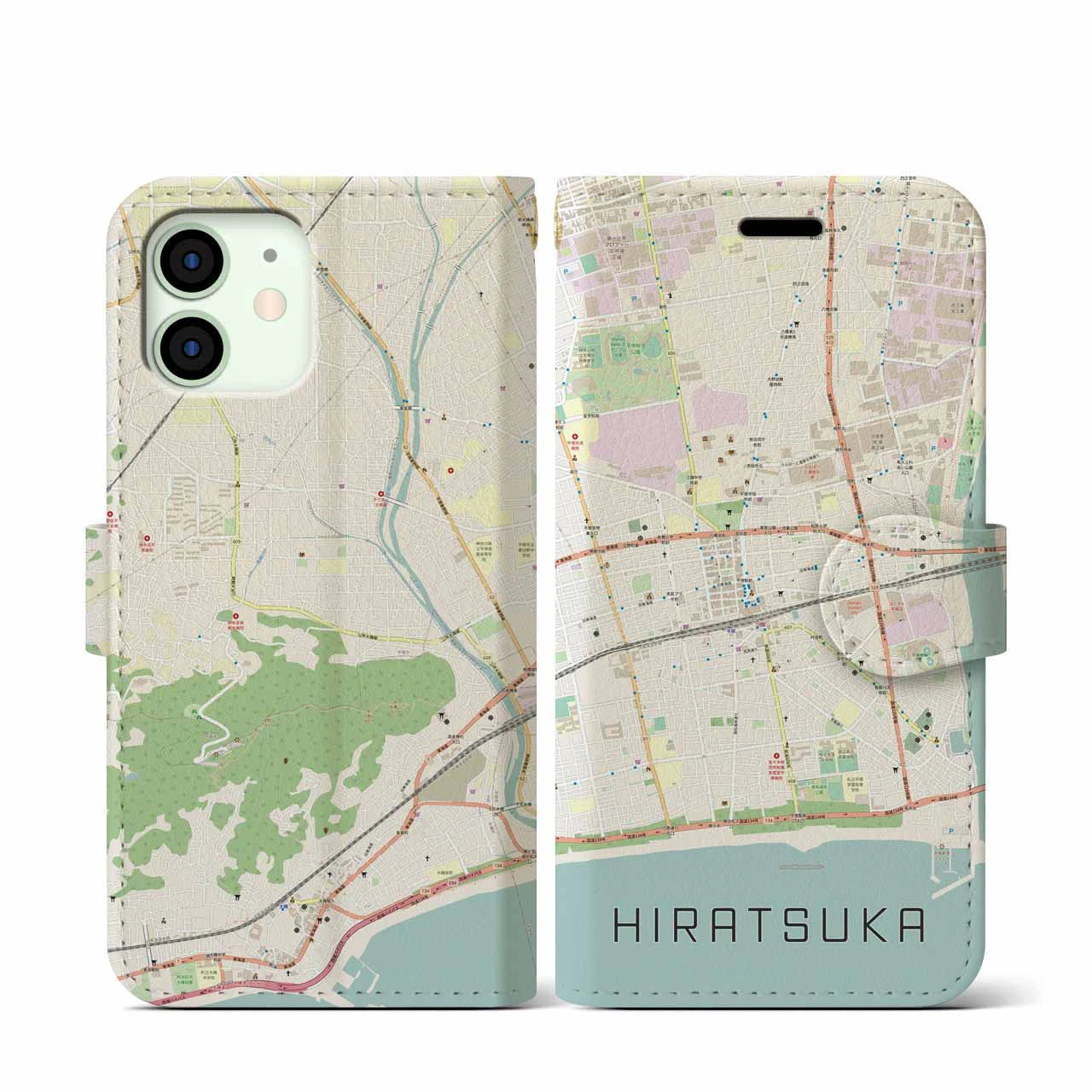 【平塚】地図柄iPhoneケース（手帳両面タイプ・ナチュラル）iPhone 12 mini 用