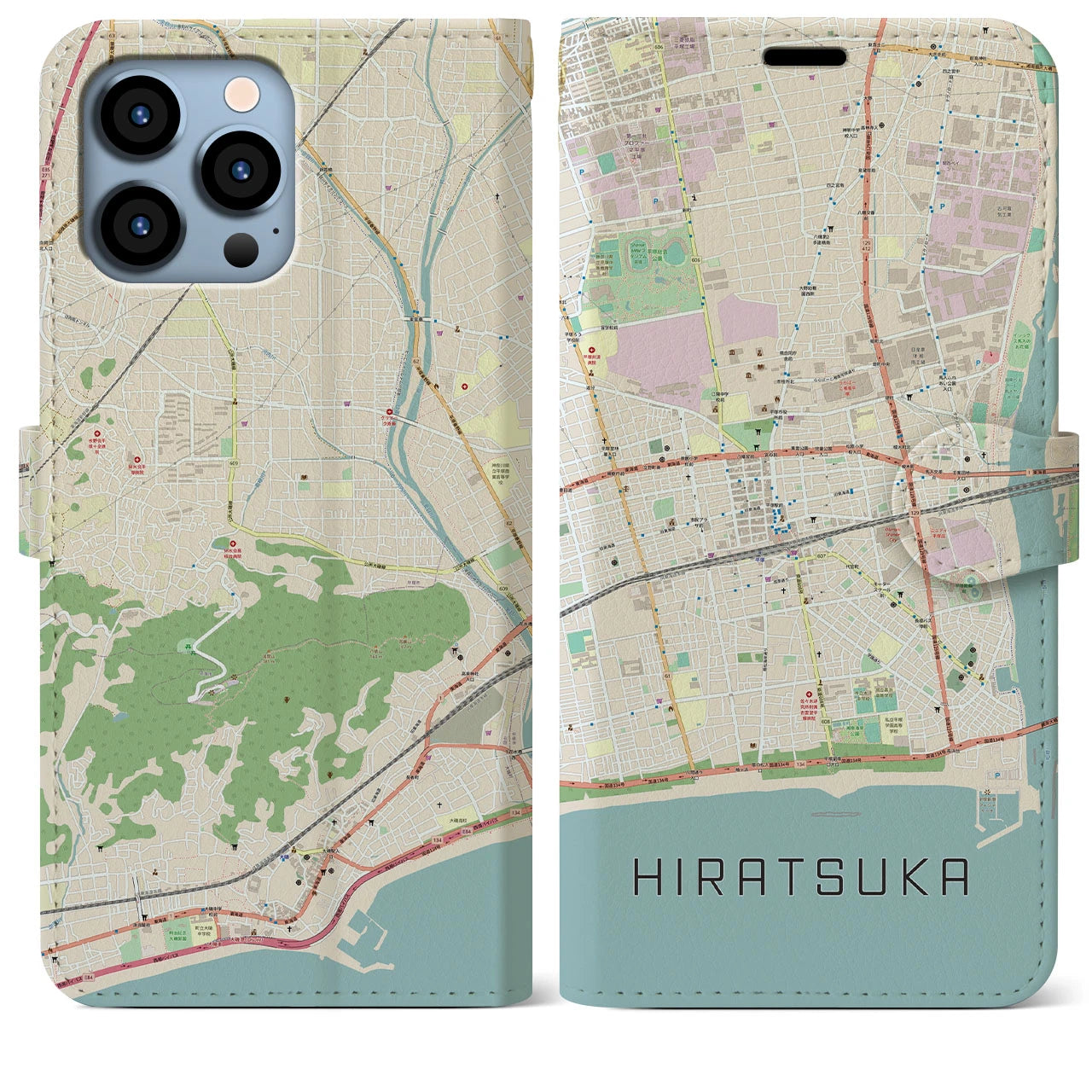【平塚】地図柄iPhoneケース（手帳両面タイプ・ナチュラル）iPhone 13 Pro Max 用