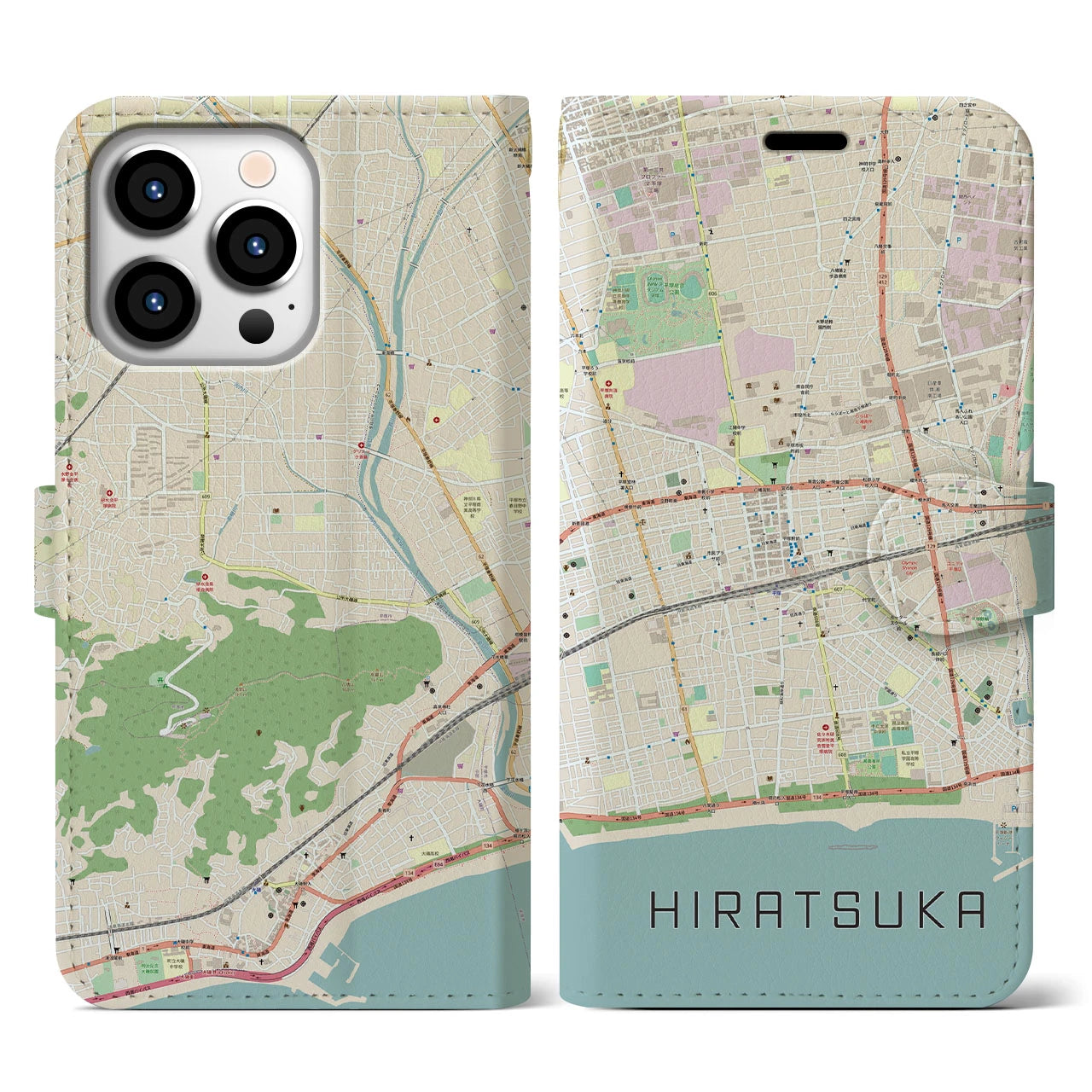 【平塚】地図柄iPhoneケース（手帳両面タイプ・ナチュラル）iPhone 13 Pro 用