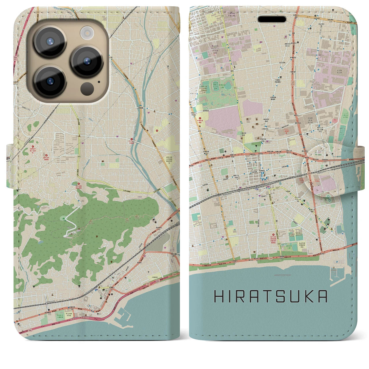 【平塚】地図柄iPhoneケース（手帳両面タイプ・ナチュラル）iPhone 14 Pro Max 用