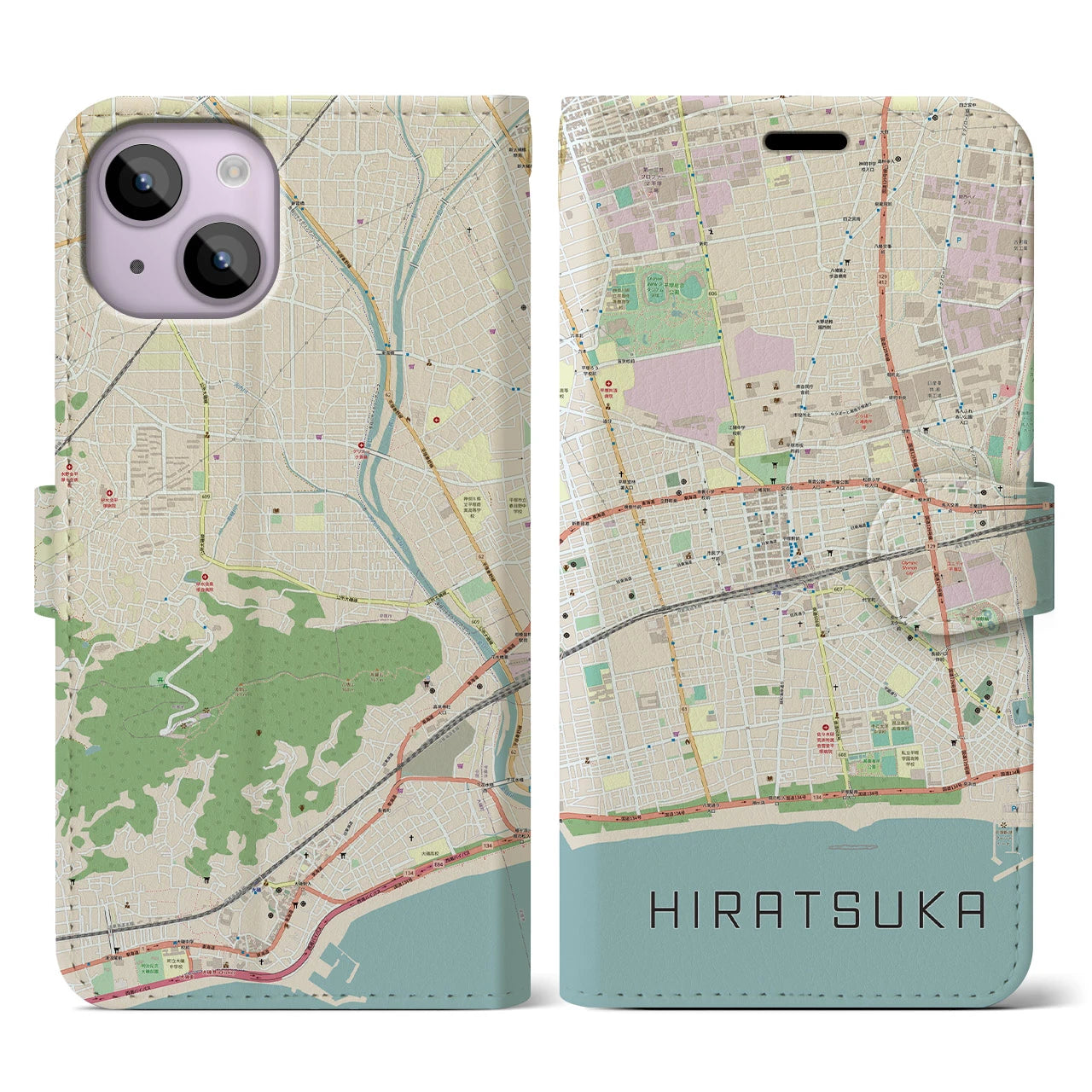 【平塚】地図柄iPhoneケース（手帳両面タイプ・ナチュラル）iPhone 14 用