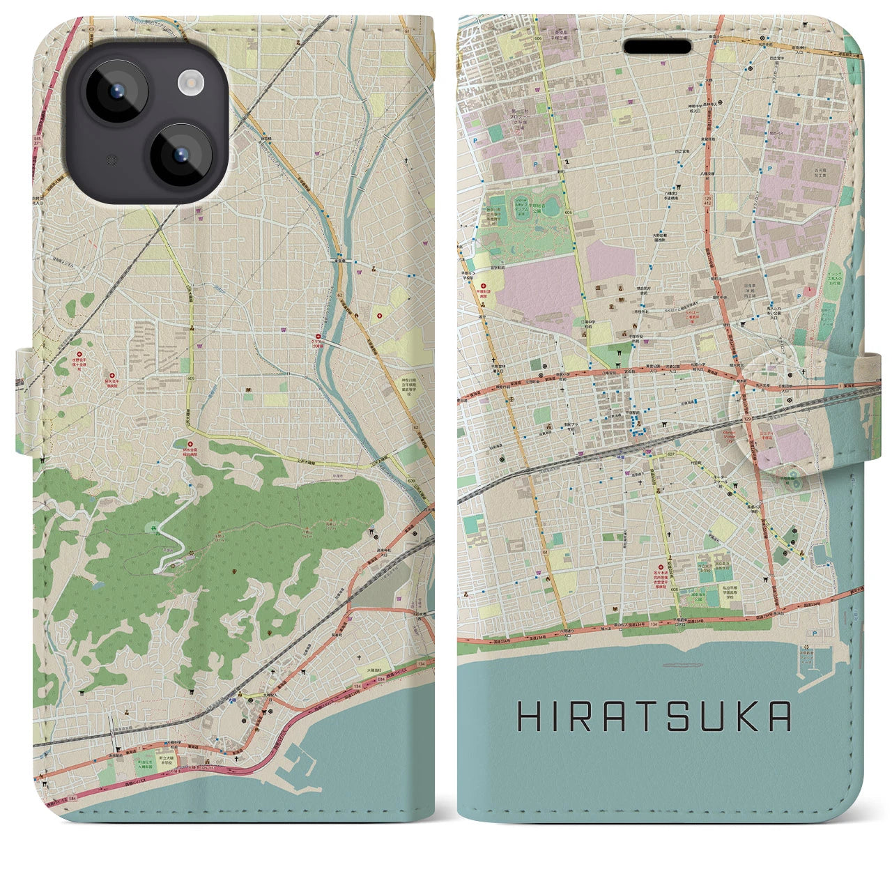 【平塚】地図柄iPhoneケース（手帳両面タイプ・ナチュラル）iPhone 14 Plus 用