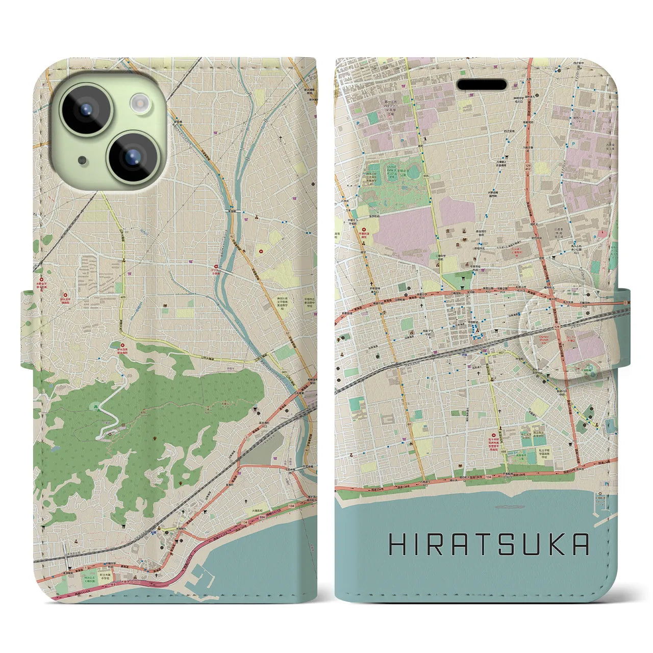 【平塚】地図柄iPhoneケース（手帳両面タイプ・ナチュラル）iPhone 15 用