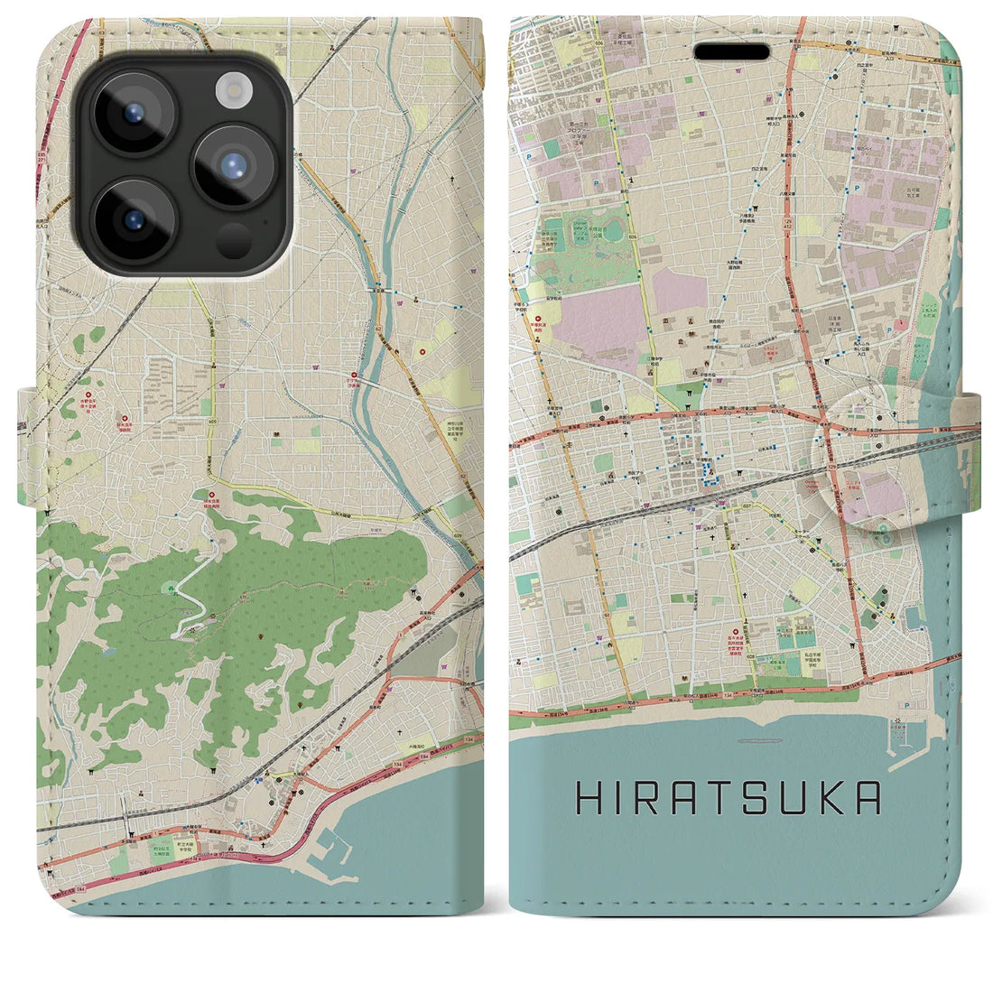 【平塚】地図柄iPhoneケース（手帳両面タイプ・ナチュラル）iPhone 15 Pro Max 用