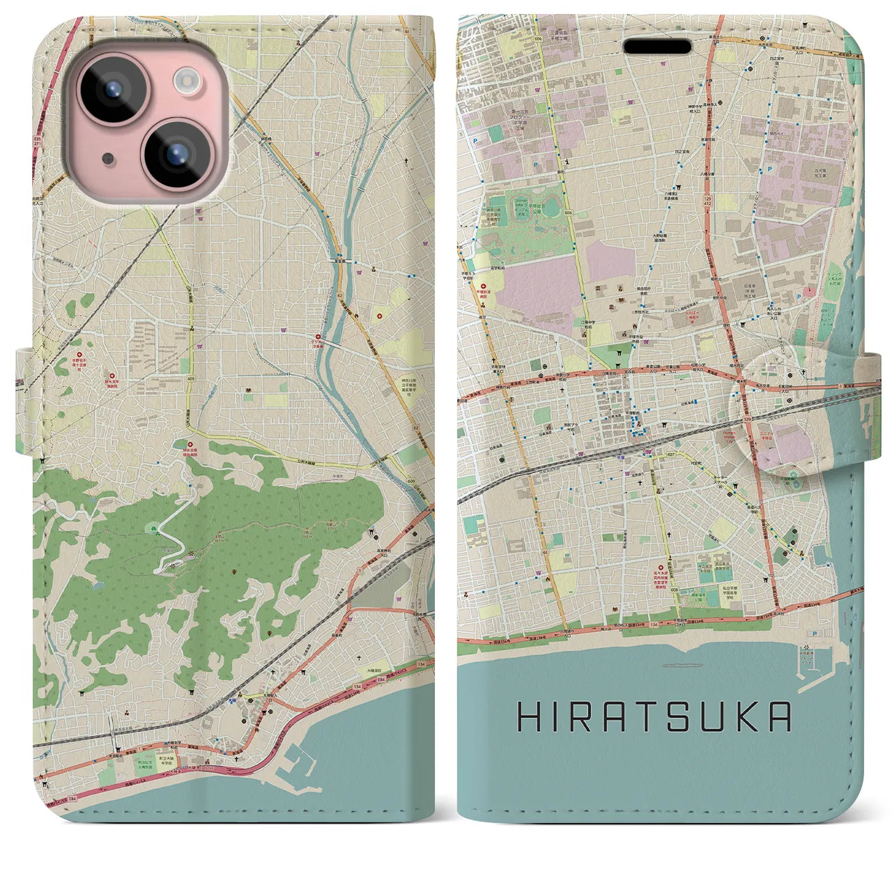 【平塚】地図柄iPhoneケース（手帳両面タイプ・ナチュラル）iPhone 15 Plus 用