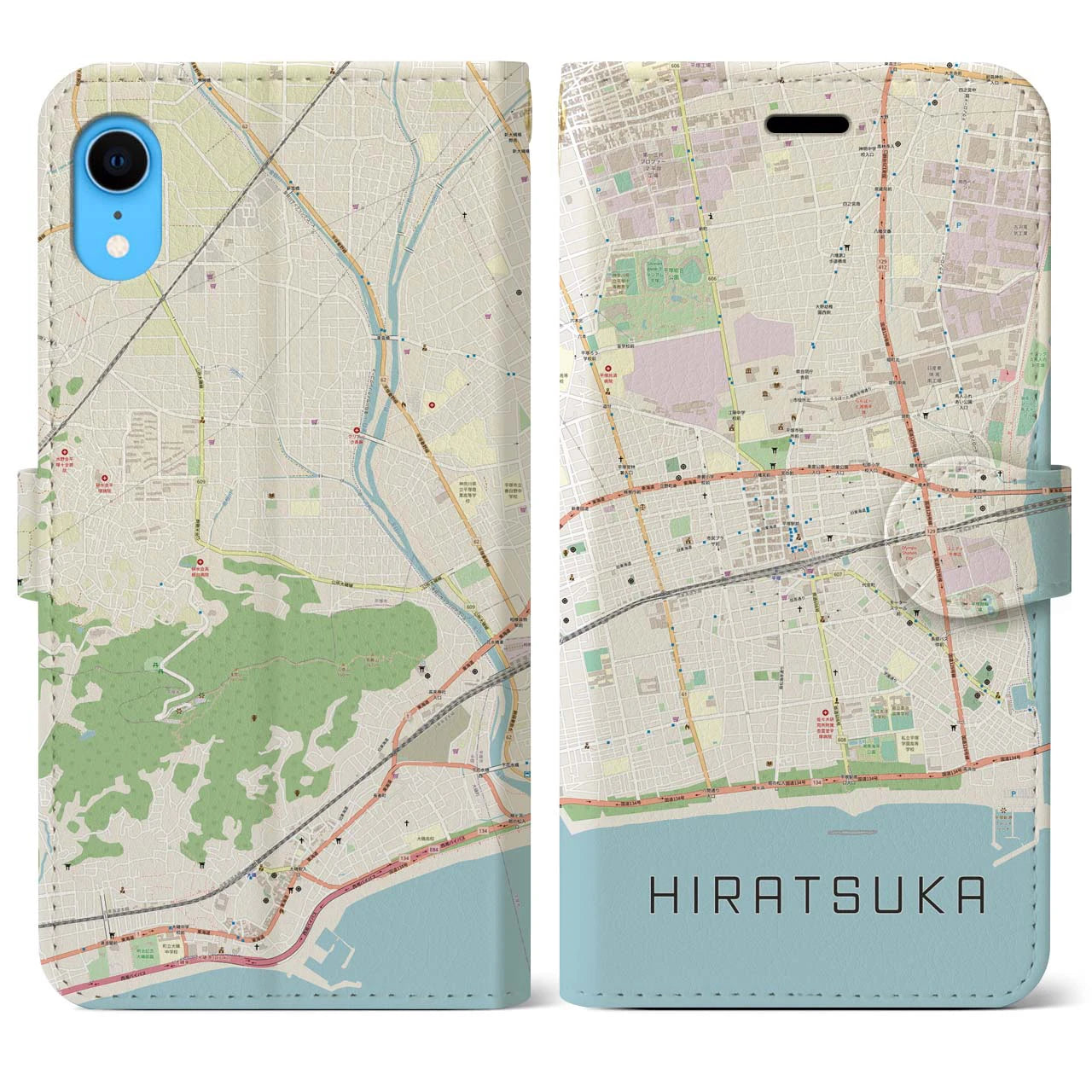 【平塚】地図柄iPhoneケース（手帳両面タイプ・ナチュラル）iPhone XR 用