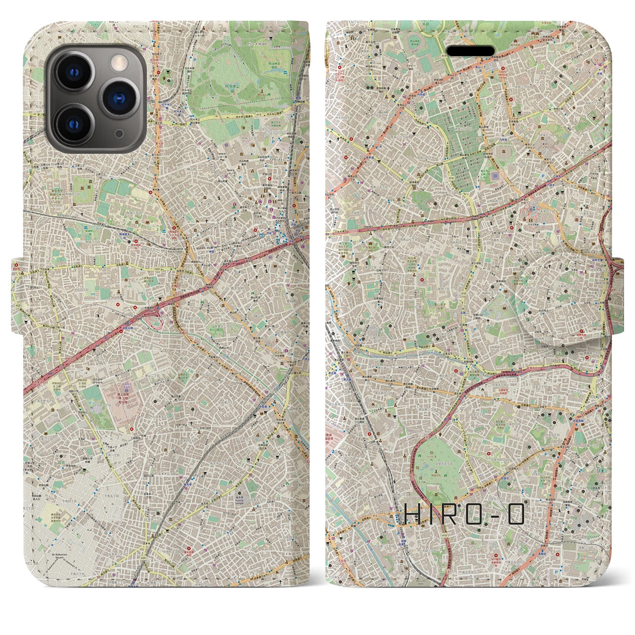 【広尾】地図柄iPhoneケース（手帳両面タイプ・ナチュラル）iPhone 11 Pro Max 用