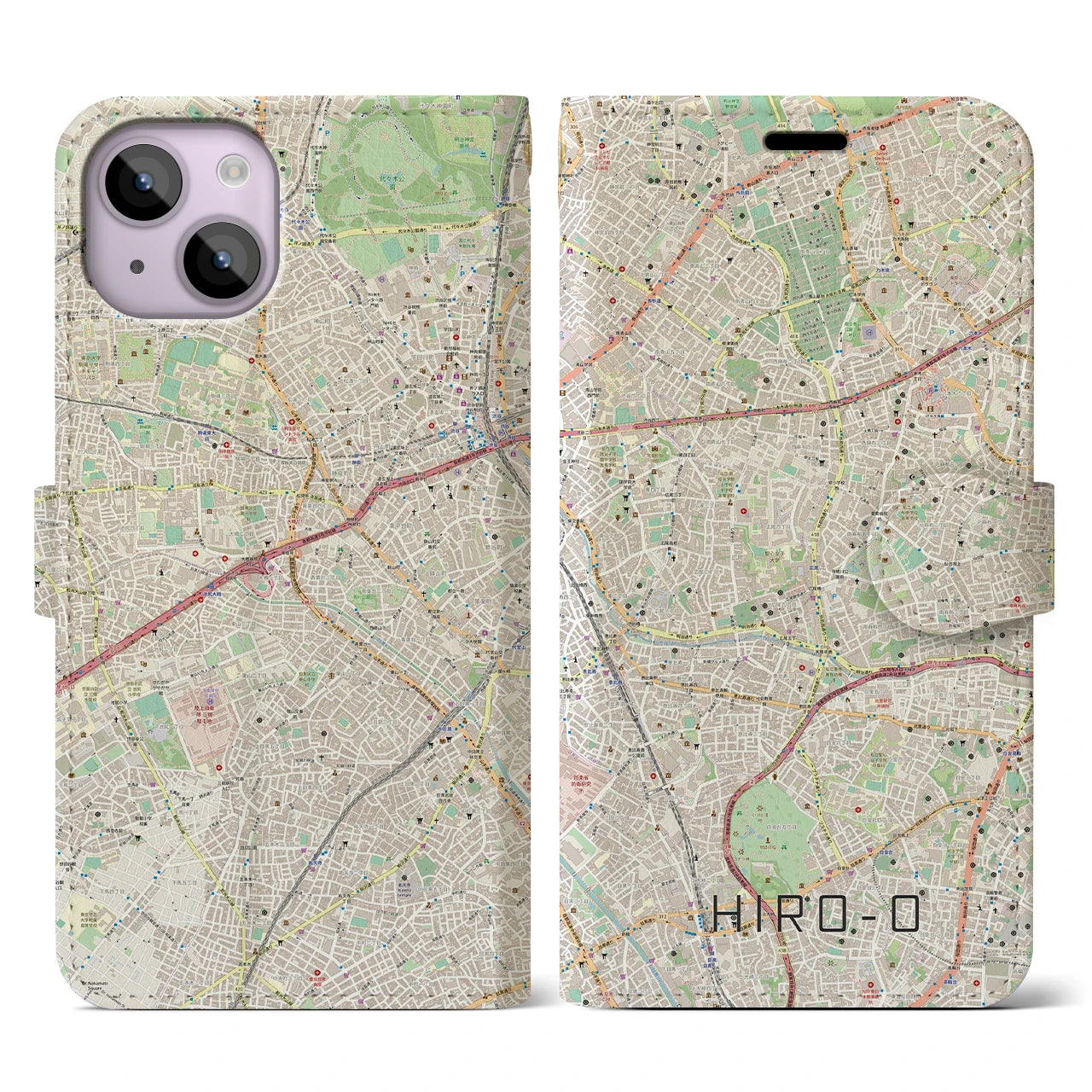 【広尾】地図柄iPhoneケース（手帳両面タイプ・ナチュラル）iPhone 14 用