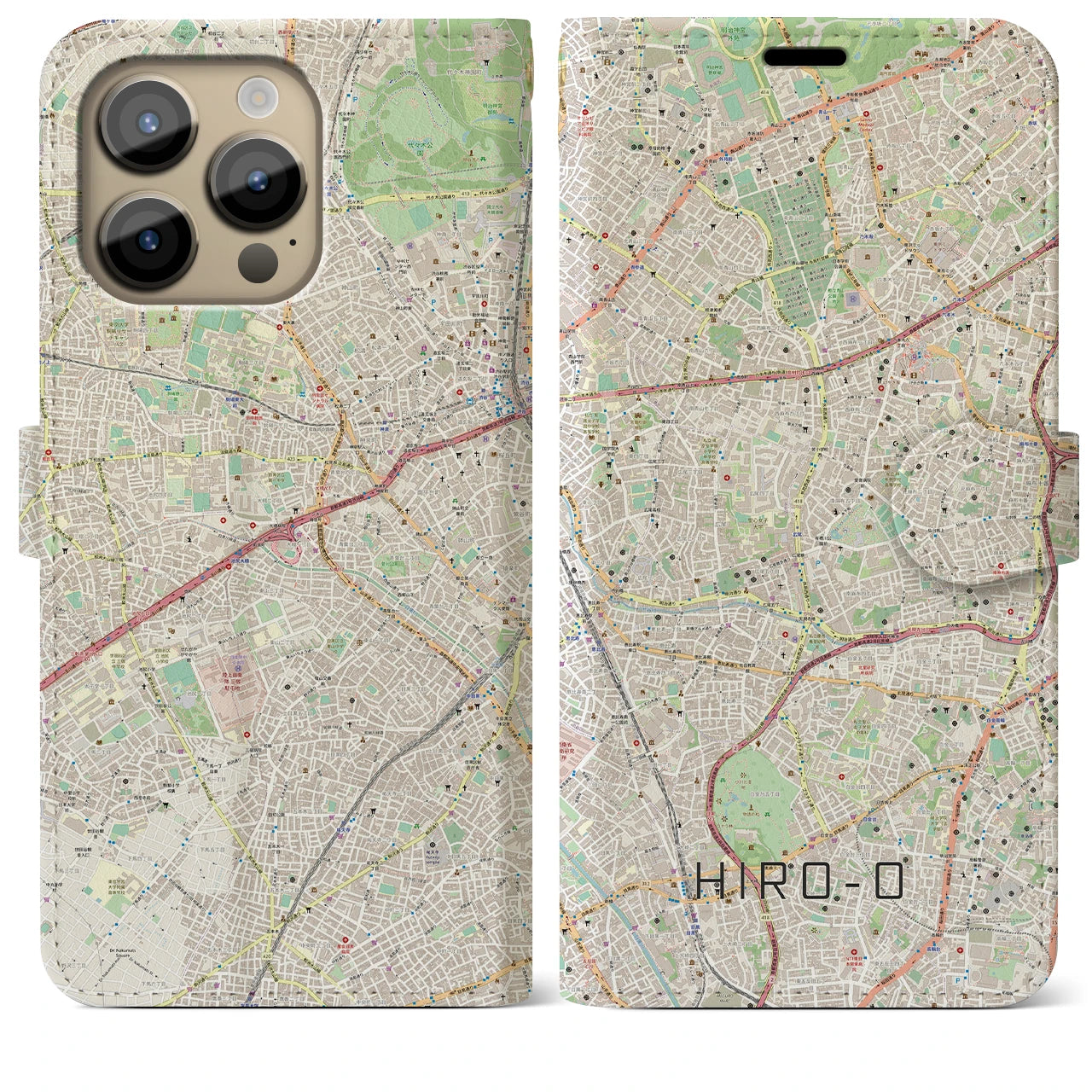 【広尾】地図柄iPhoneケース（手帳両面タイプ・ナチュラル）iPhone 14 Pro Max 用