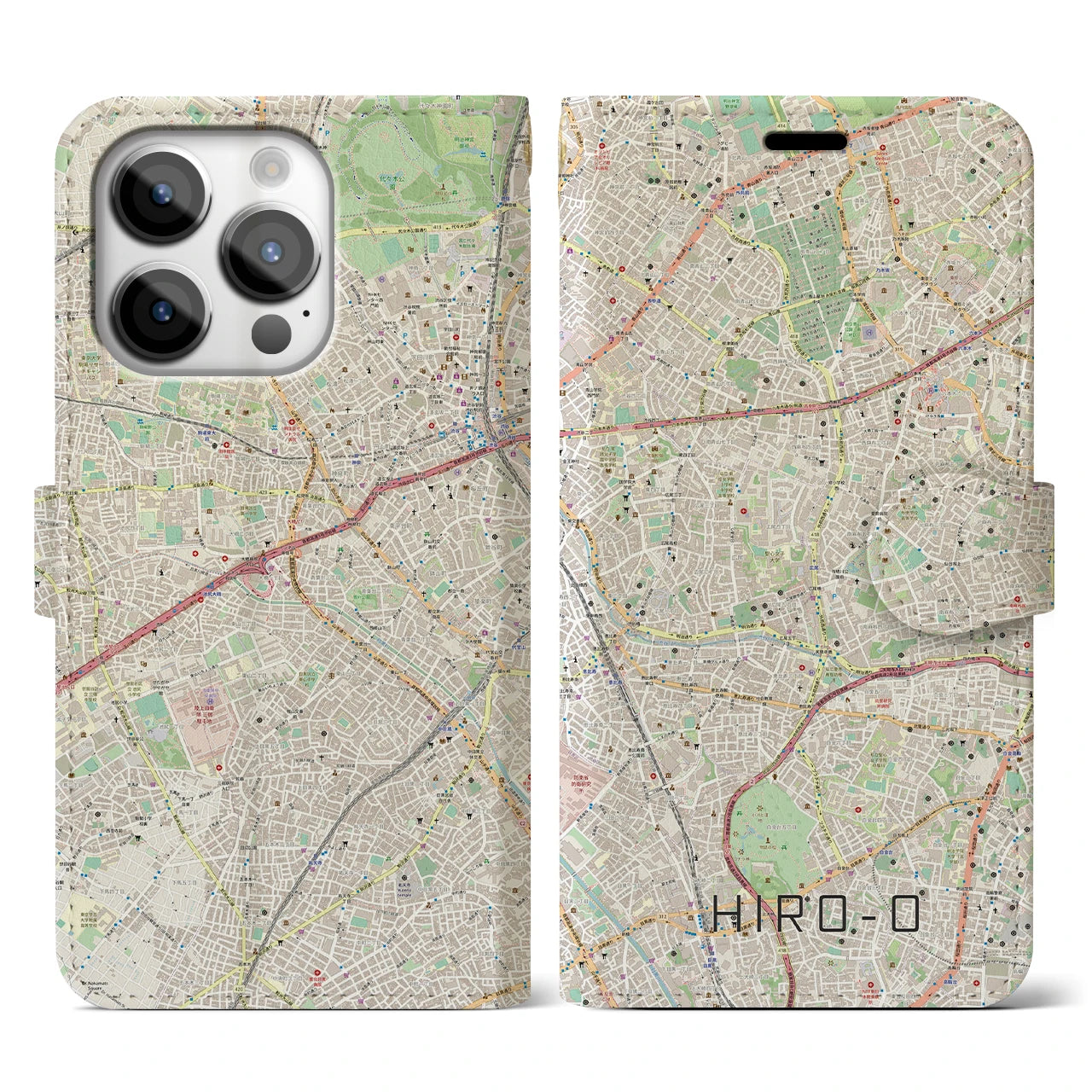 【広尾】地図柄iPhoneケース（手帳両面タイプ・ナチュラル）iPhone 14 Pro 用