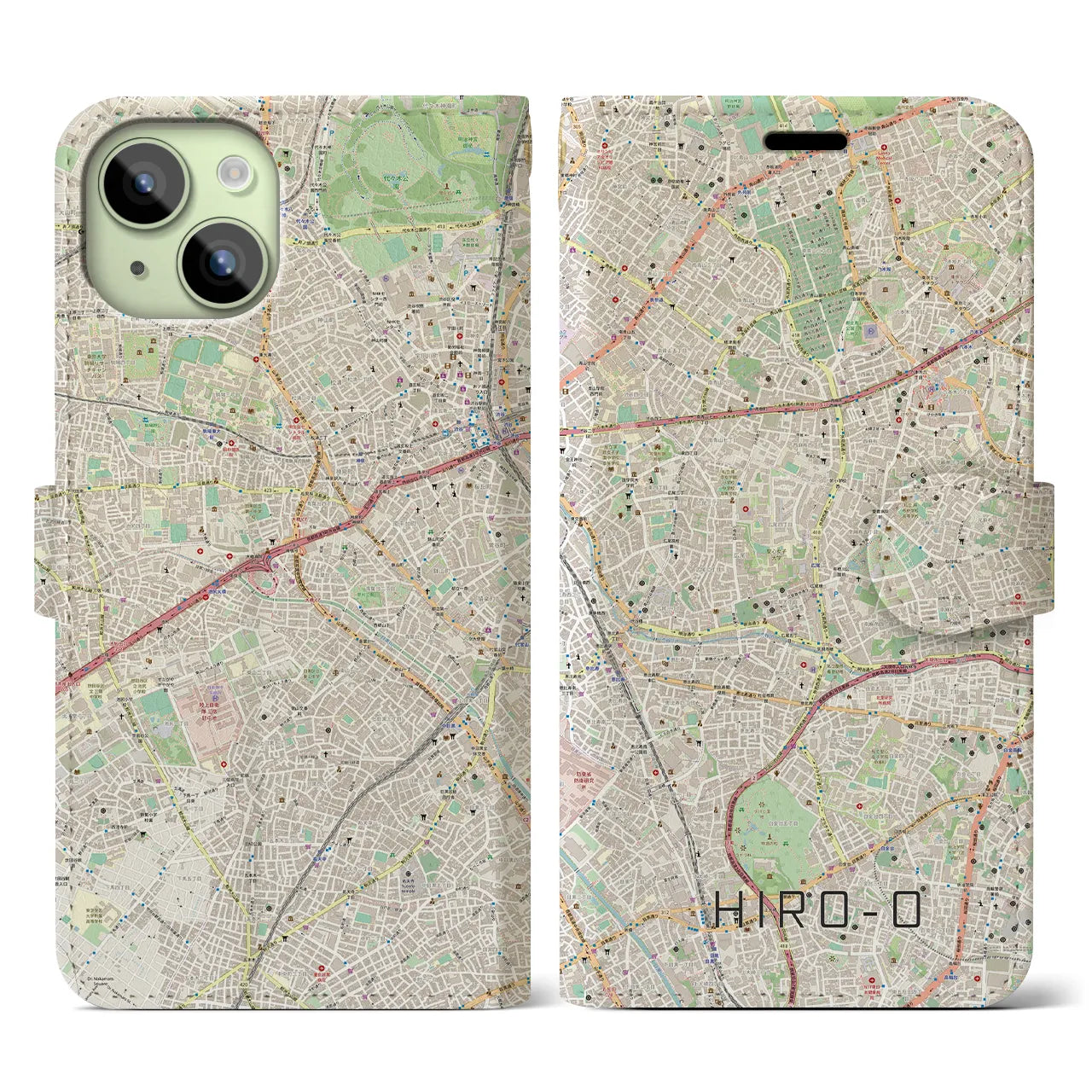 【広尾】地図柄iPhoneケース（手帳両面タイプ・ナチュラル）iPhone 15 用