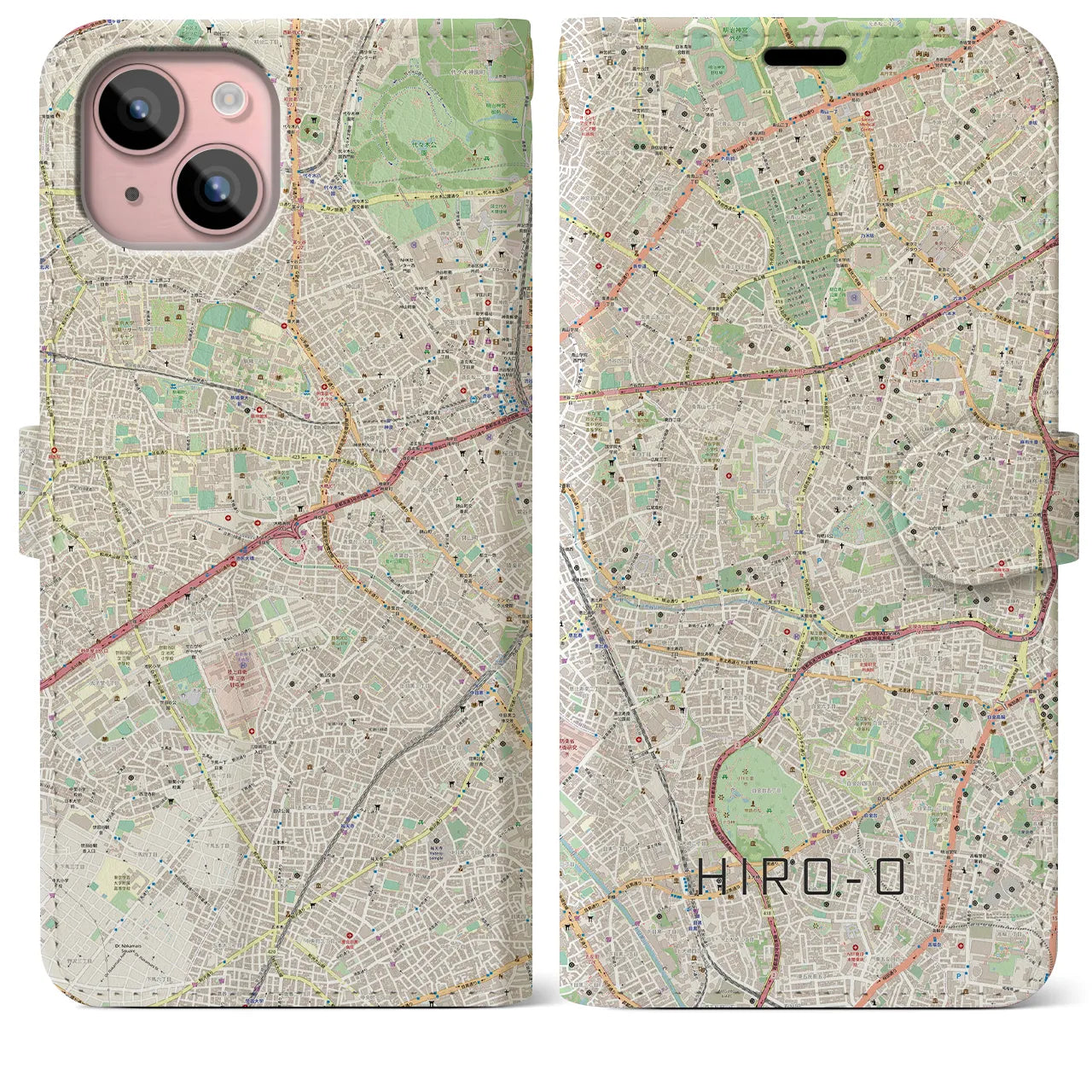 【広尾】地図柄iPhoneケース（手帳両面タイプ・ナチュラル）iPhone 15 Plus 用