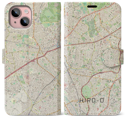 【広尾（東京都）】地図柄iPhoneケース（手帳タイプ）ナチュラル・iPhone 15 Plus 用