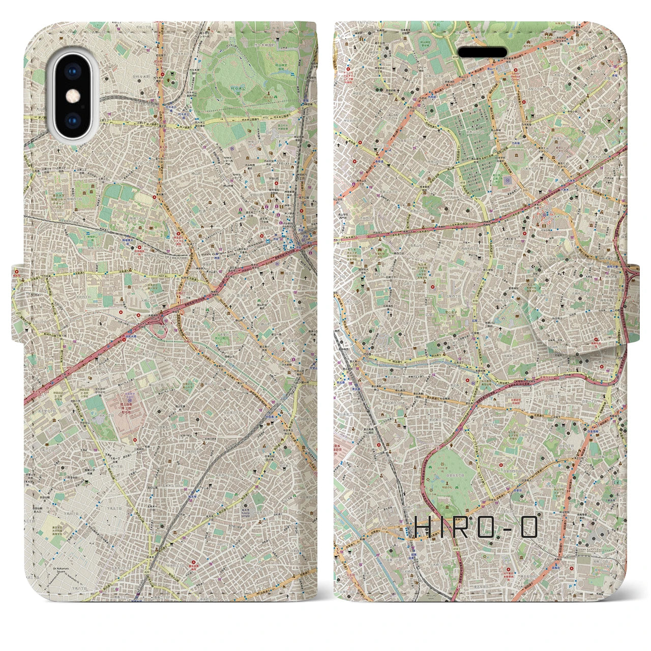 【広尾】地図柄iPhoneケース（手帳両面タイプ・ナチュラル）iPhone XS Max 用