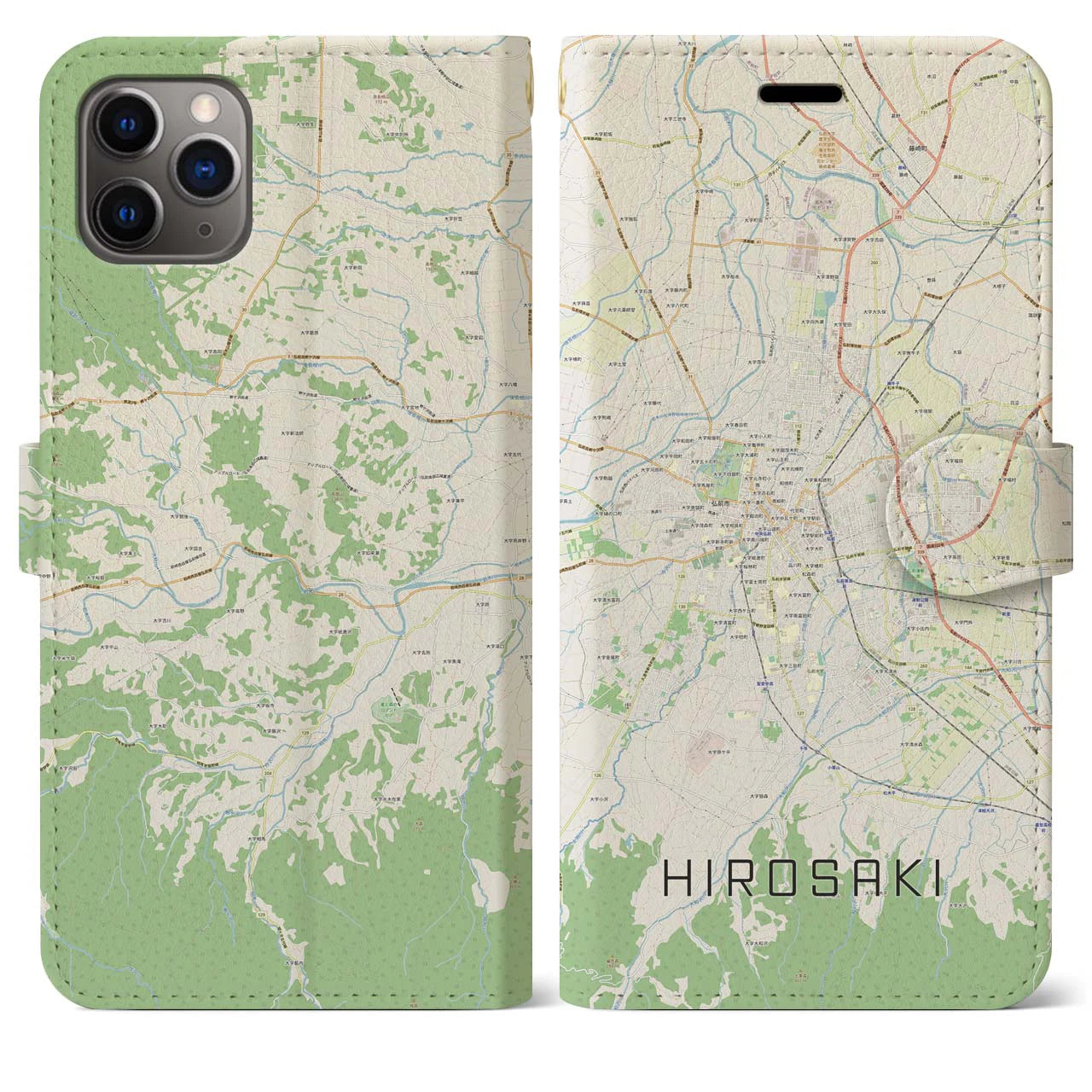 【弘前】地図柄iPhoneケース（手帳両面タイプ・ナチュラル）iPhone 11 Pro Max 用