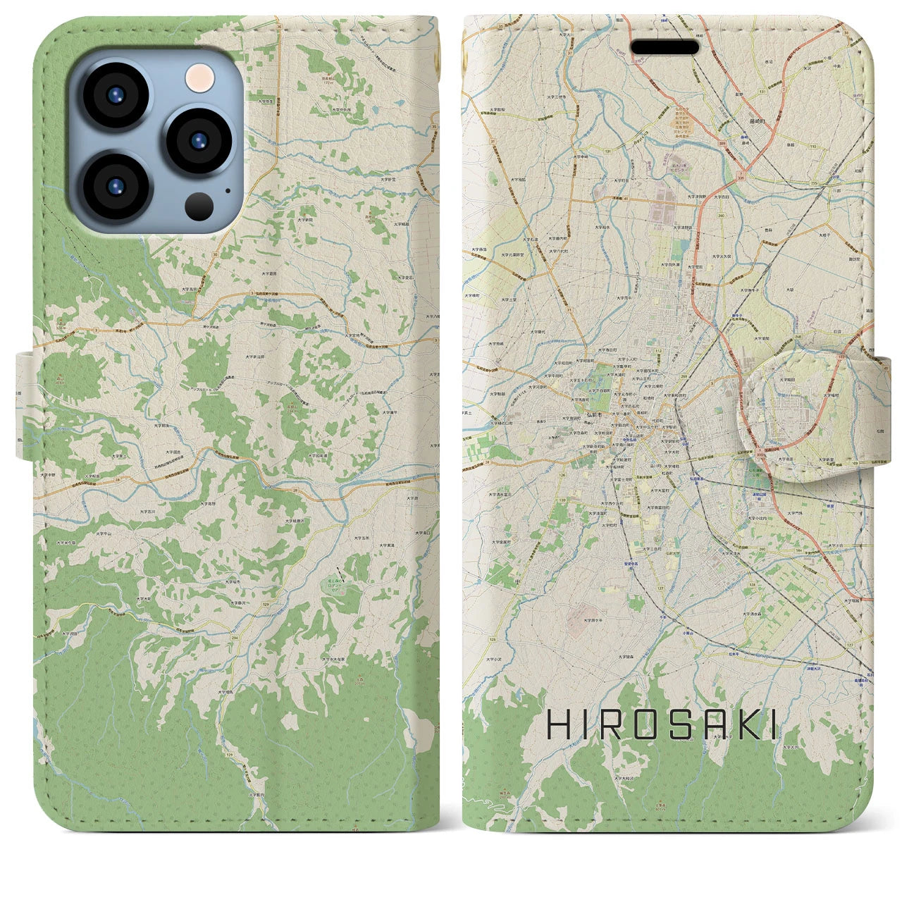 【弘前】地図柄iPhoneケース（手帳両面タイプ・ナチュラル）iPhone 13 Pro Max 用