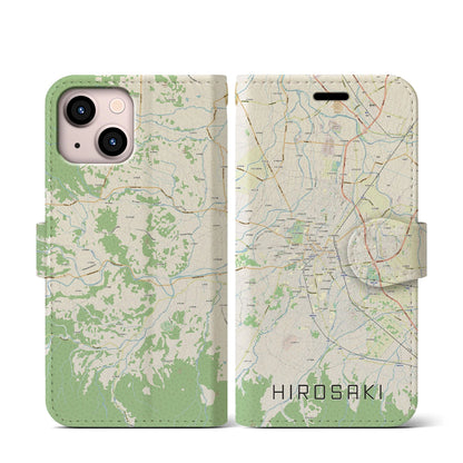 【弘前（青森県）】地図柄iPhoneケース（手帳タイプ）ナチュラル・iPhone 13 mini 用