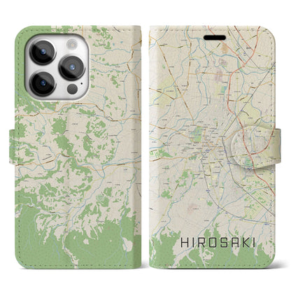 【弘前（青森県）】地図柄iPhoneケース（手帳タイプ）ナチュラル・iPhone 14 Pro 用