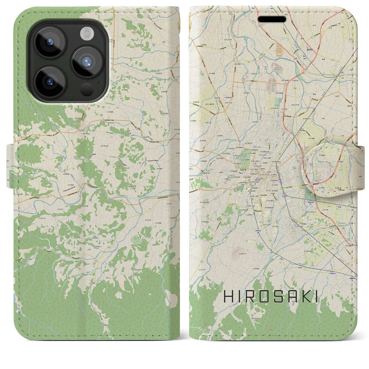 【弘前】地図柄iPhoneケース（手帳両面タイプ・ナチュラル）iPhone 15 Pro Max 用