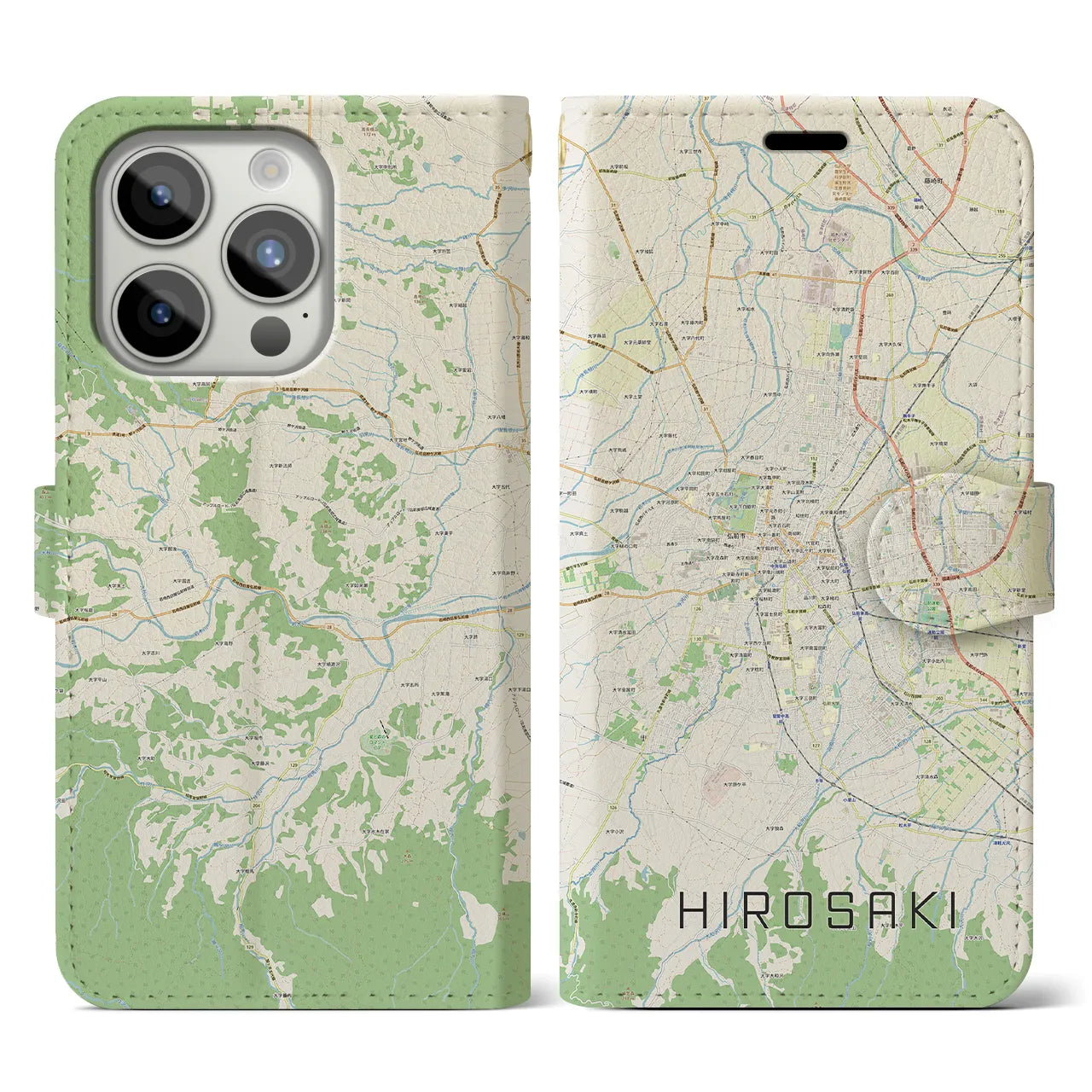 【弘前】地図柄iPhoneケース（手帳両面タイプ・ナチュラル）iPhone 15 Pro 用