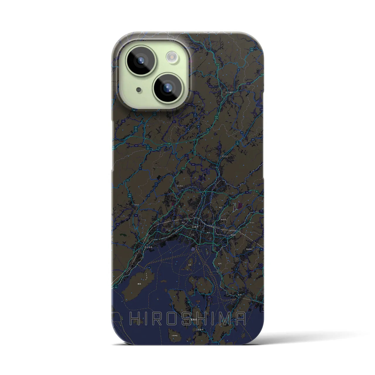 【広島2】地図柄iPhoneケース（バックカバータイプ・ブラック）iPhone 15 用