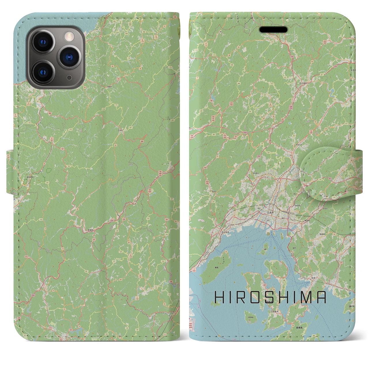 【広島2】地図柄iPhoneケース（手帳両面タイプ・ナチュラル）iPhone 11 Pro Max 用