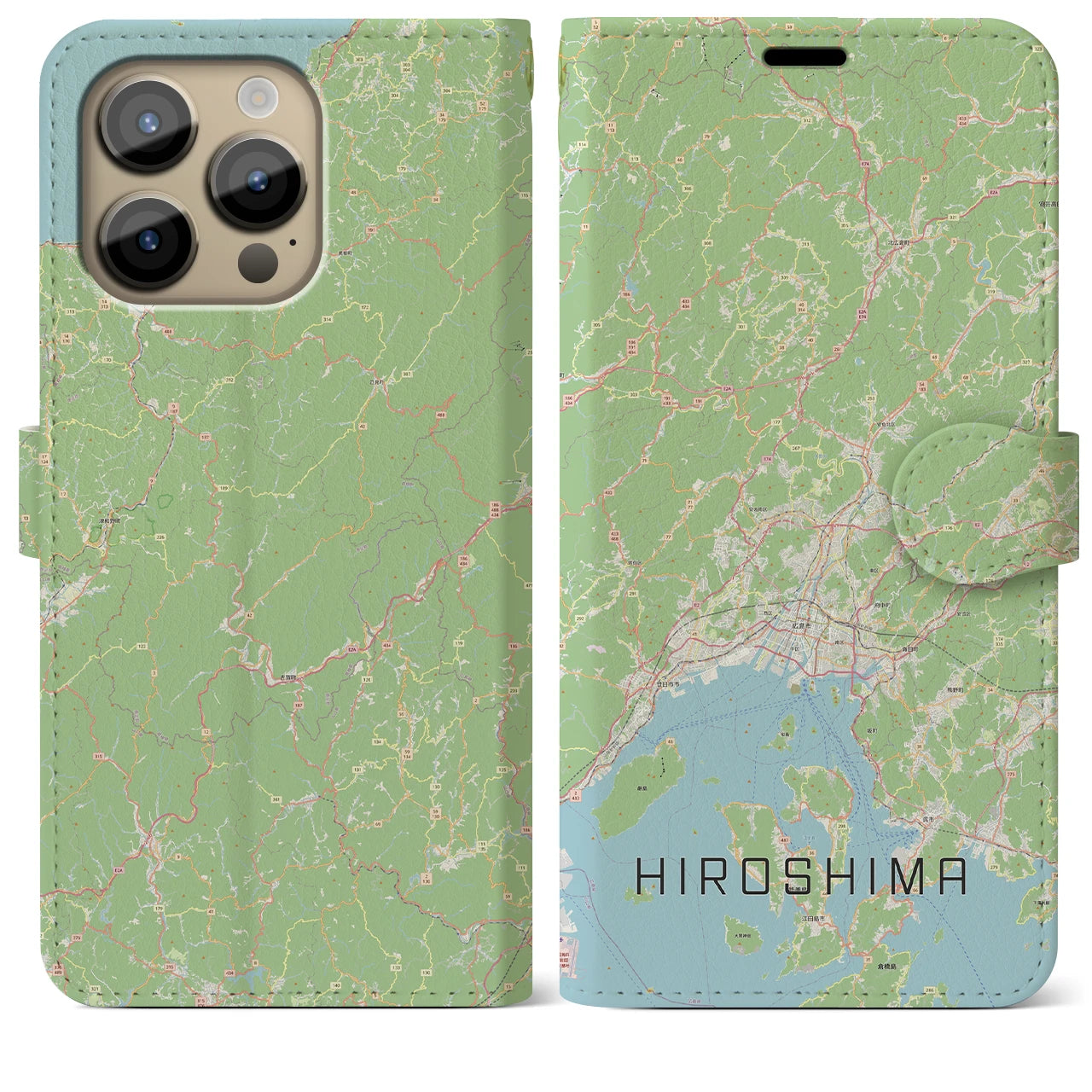 【広島2】地図柄iPhoneケース（手帳両面タイプ・ナチュラル）iPhone 14 Pro Max 用