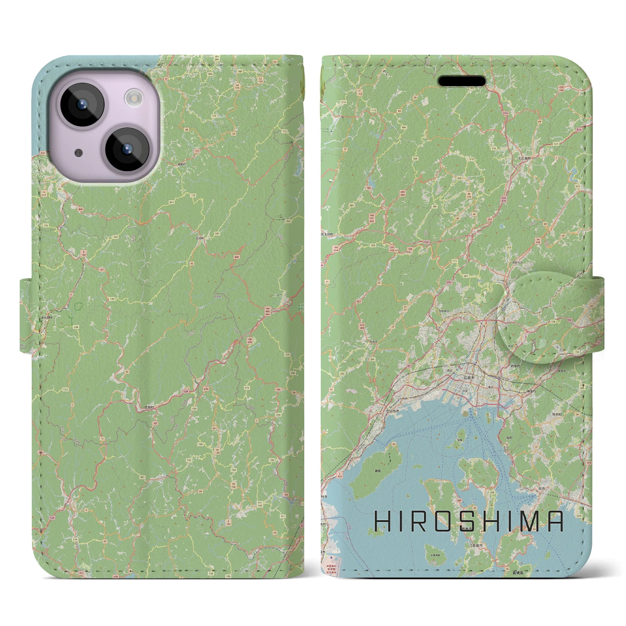 【広島2】地図柄iPhoneケース（手帳両面タイプ・ナチュラル）iPhone 14 用