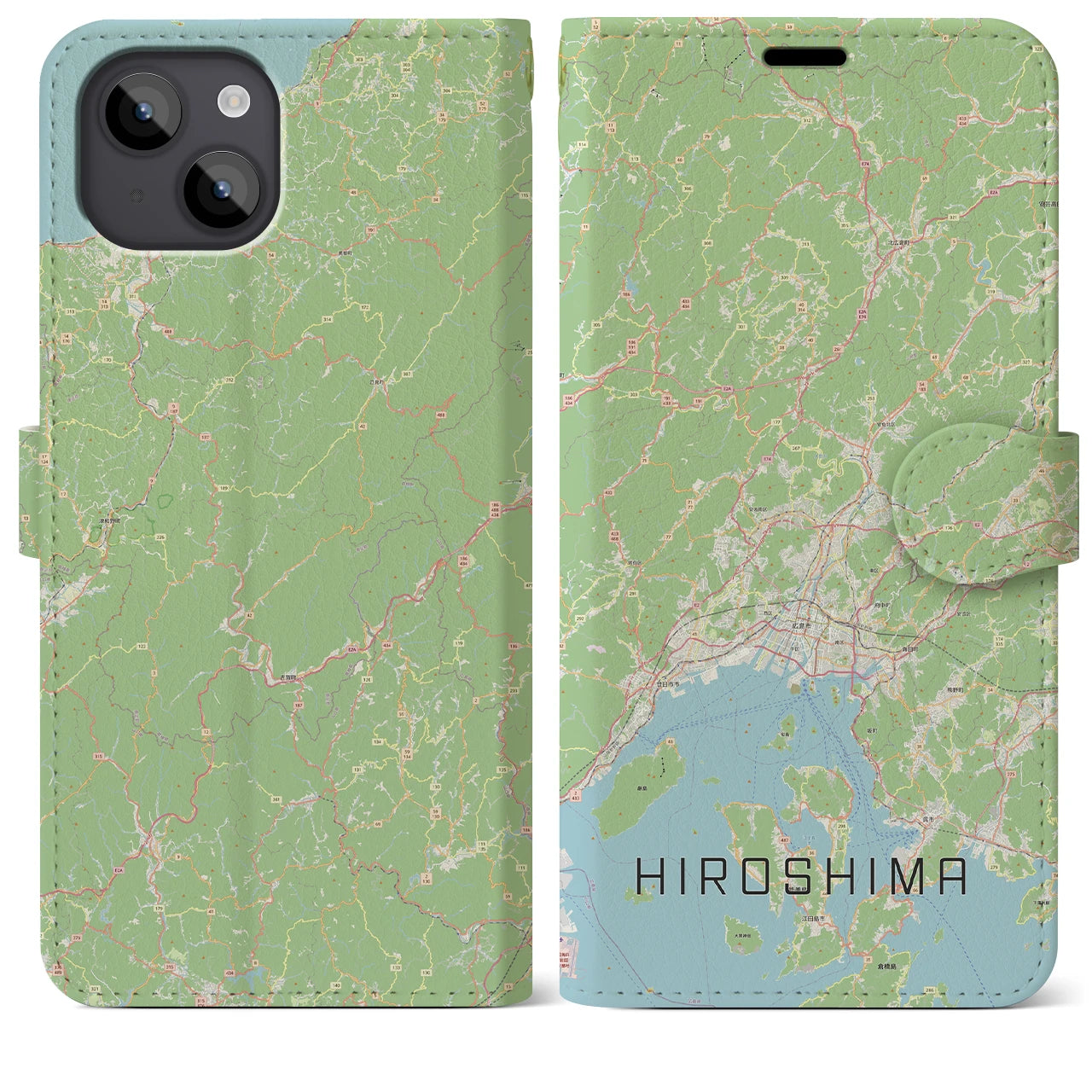 【広島2】地図柄iPhoneケース（手帳両面タイプ・ナチュラル）iPhone 14 Plus 用