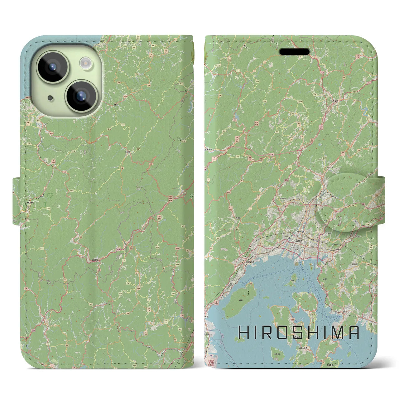 【広島2】地図柄iPhoneケース（手帳両面タイプ・ナチュラル）iPhone 15 用