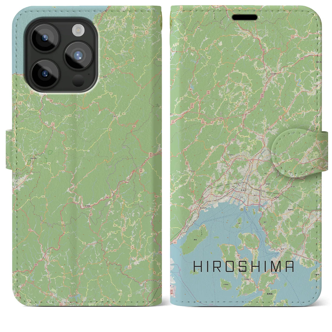 【広島2】地図柄iPhoneケース（手帳両面タイプ・ナチュラル）iPhone 15 Pro Max 用