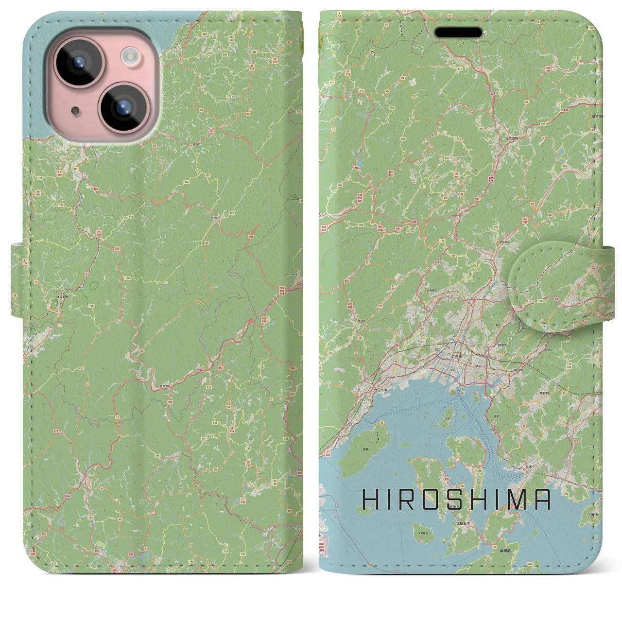 【広島2】地図柄iPhoneケース（手帳両面タイプ・ナチュラル）iPhone 15 Plus 用