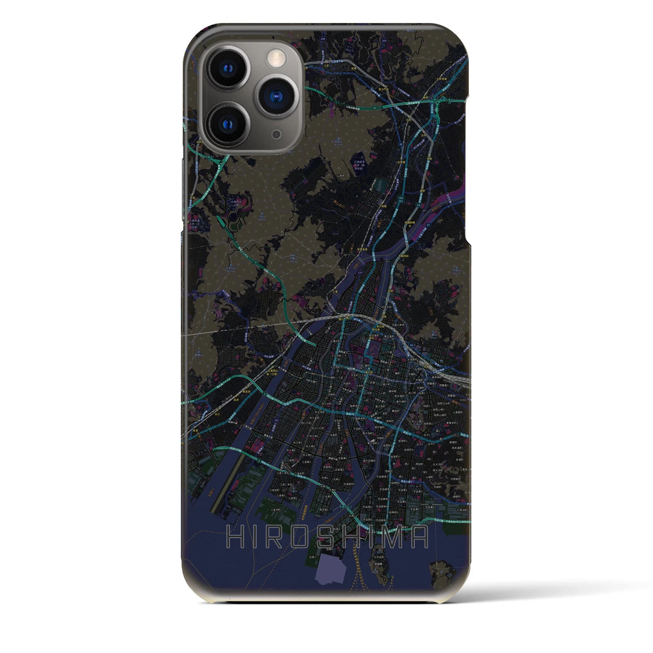 【広島】地図柄iPhoneケース（バックカバータイプ・ブラック）iPhone 11 Pro Max 用