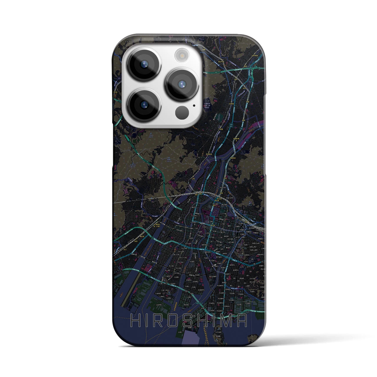 【広島】地図柄iPhoneケース（バックカバータイプ・ブラック）iPhone 14 Pro 用