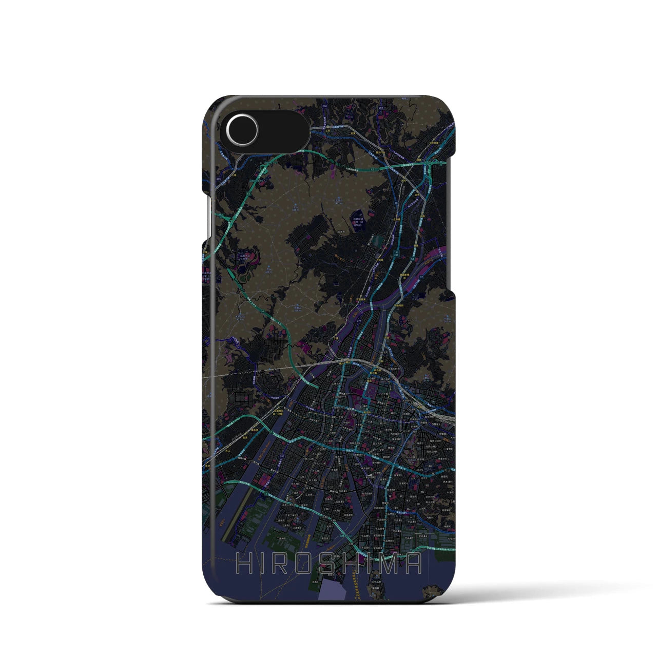 【広島】地図柄iPhoneケース（バックカバータイプ・ブラック）iPhone SE（第3 / 第2世代） / 8 / 7 / 6s / 6 用