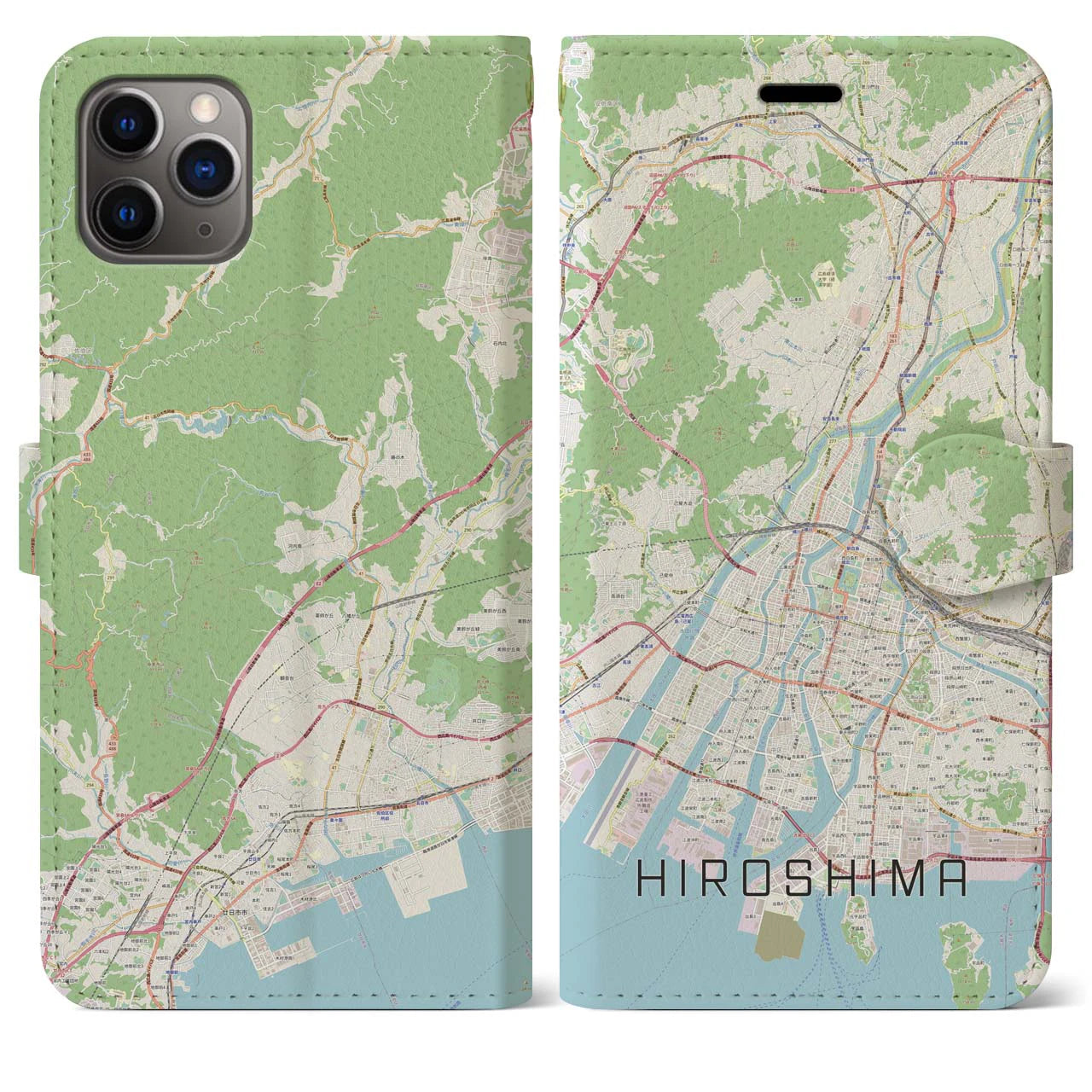 【広島】地図柄iPhoneケース（手帳両面タイプ・ナチュラル）iPhone 11 Pro Max 用