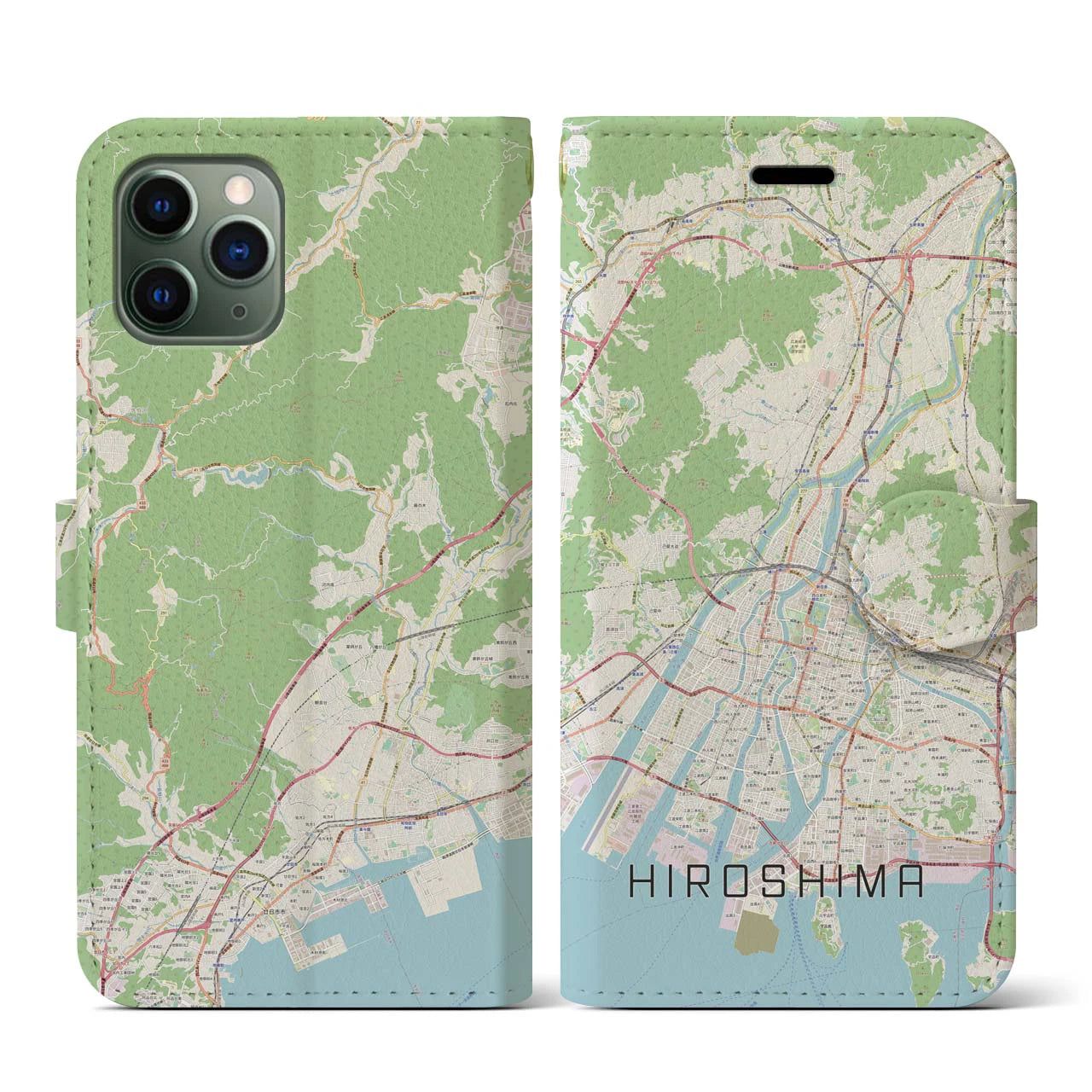 【広島】地図柄iPhoneケース（手帳両面タイプ・ナチュラル）iPhone 11 Pro 用