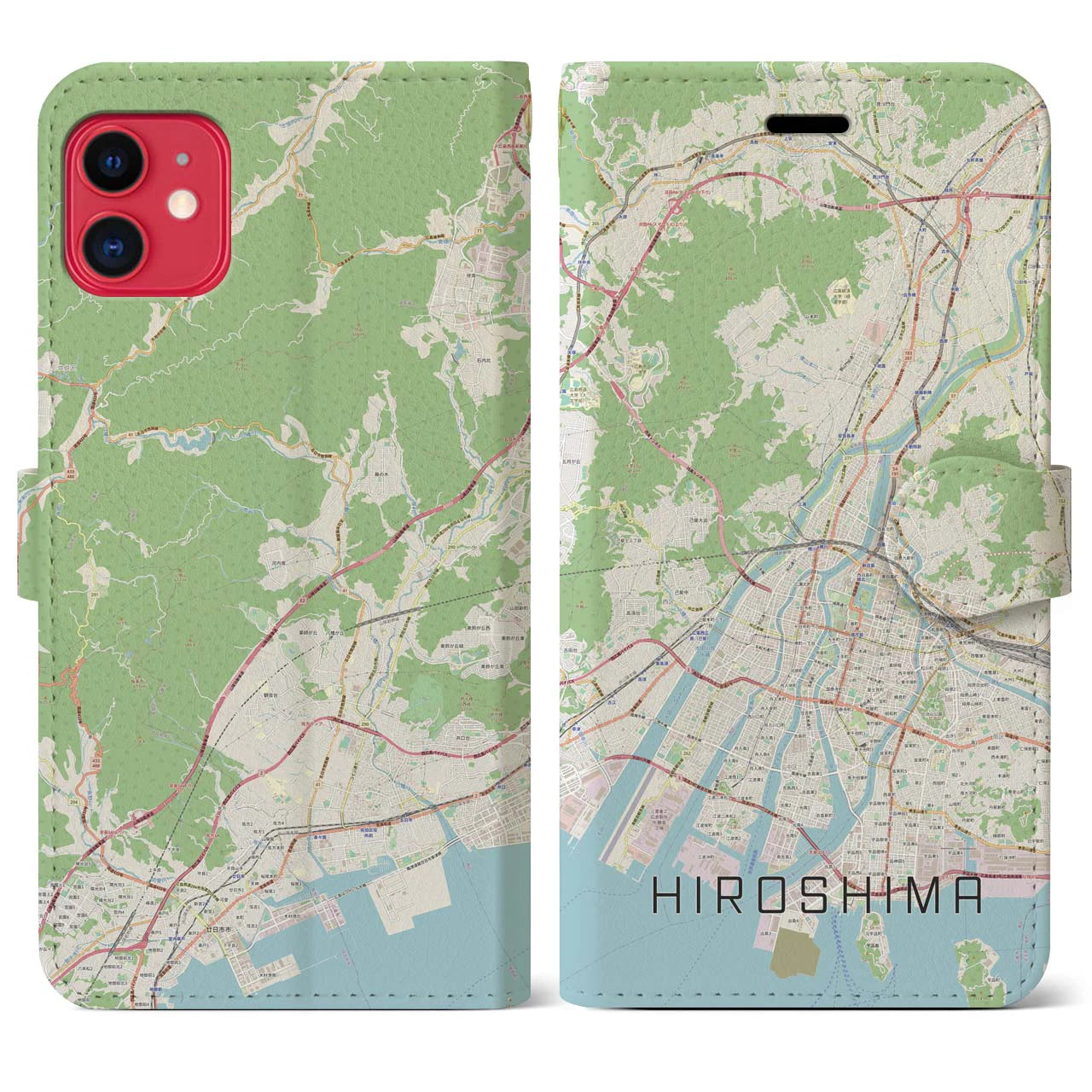 【広島】地図柄iPhoneケース（手帳両面タイプ・ナチュラル）iPhone 11 用